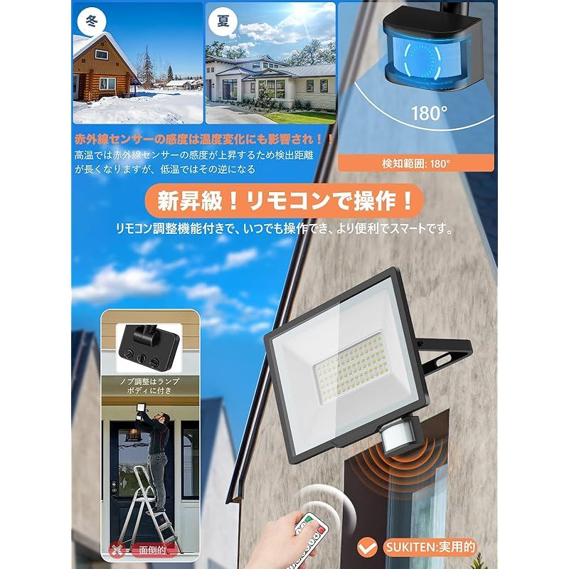 ずうっと点灯OK SUKITEN センサーライト 人感センサー 投光器 屋外 コンセント 防水 100 W 15000 lm 防犯ライト v 無段階調光 24 Hセンサー 夜間センサー 常時点灯機能 6500 K 120°広角 自動点灯 消灯 リモコン操作 検
