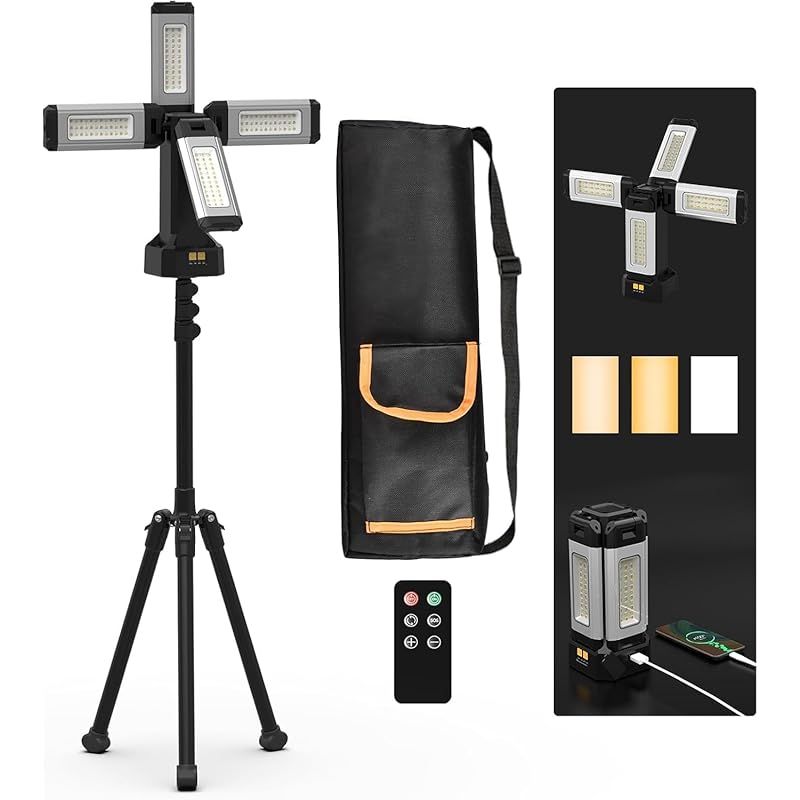 アルミニウム製ケース LED 投光器は 8000 lm 超高輝度 USB 充電式 3 モード切替で 色 昼光 温白 電球色 磁気設計付き三脚 270 度広角照明 IP 65 防水で屋内 屋外 キャンプ 防災など多用途に リモコン式