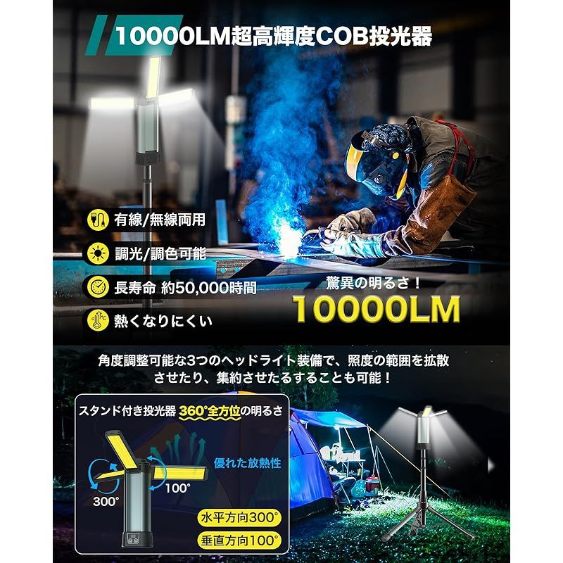 MORSEN LED投光器 充電式 作業灯 200 W 投光器 led 屋外 USB充電式作業灯 ワークライト 大容量 3000 4500 6500 K 三段階調色 Type-c充電 LED作業灯キット 取り外し な三脚付き 高度調節 野外照明 集魚灯 夜間