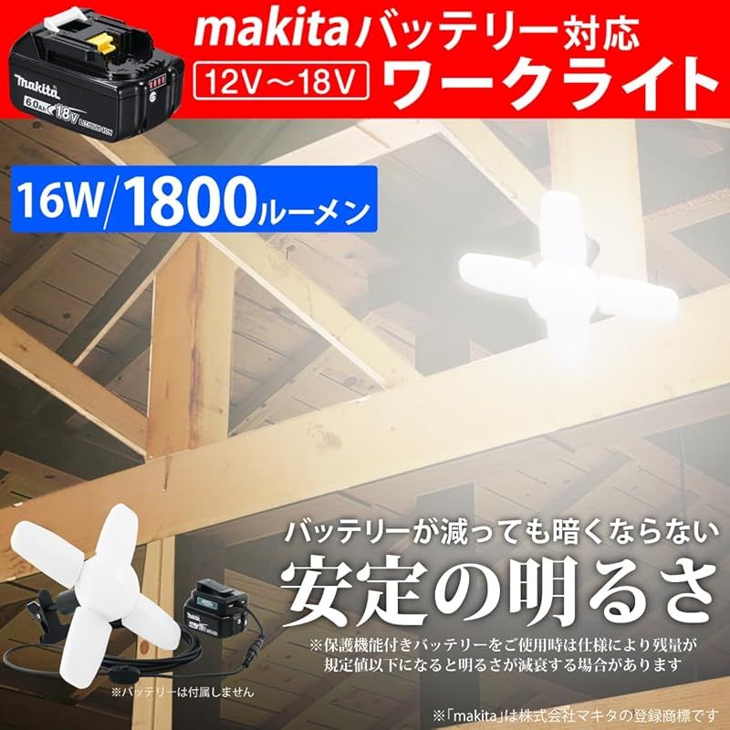 HEMAJUN led 投光器 バッテリー と互換性あり ライト グリップ式 12 V-18 V 1800 lm ワークライト 16 W 昼光色6500 K ledライト 照明 折りたたみ 充電式 スイッチ付 投光タイプ 充電式タワーライト ホームガレージ用 l
