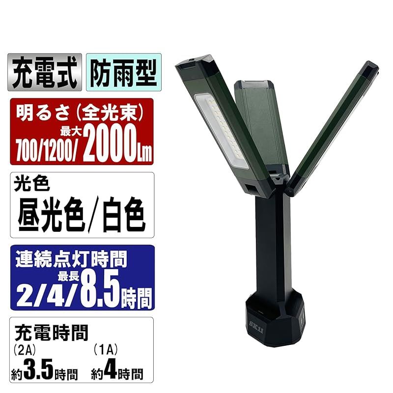 SK 11 エスケー11 充電式LEDリーフライト リチウムイオン 防雨型 最大2000 lm SLL-20 W-TPS