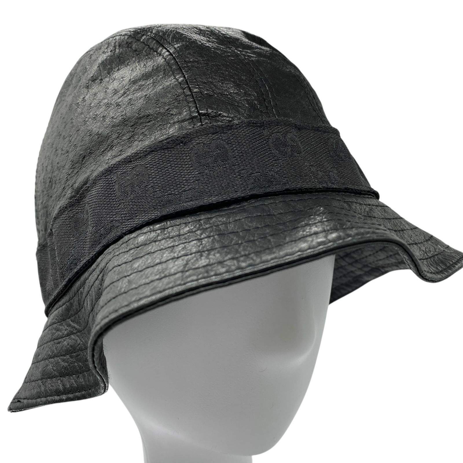 良品 GUCCI グッチ レザーハット GG柄 帽子 ブラック 羊革 Lサイズ