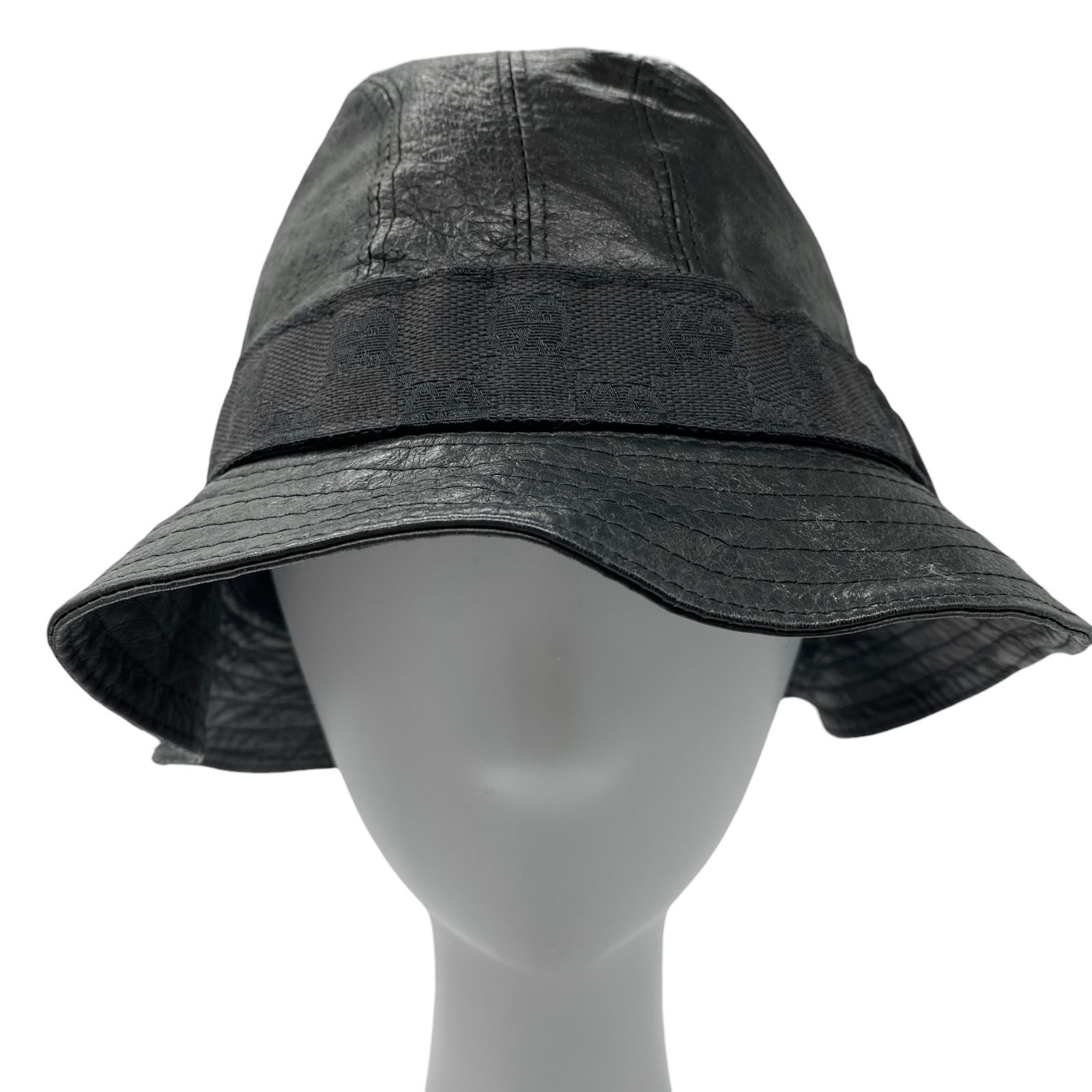 グッチ GUCCI レザー ハット バケットハット バケツハット 帽子 ブラック 良品 GUCCI グッチ レザーハット GG柄 帽子 ブラック 羊革 Lサイズ