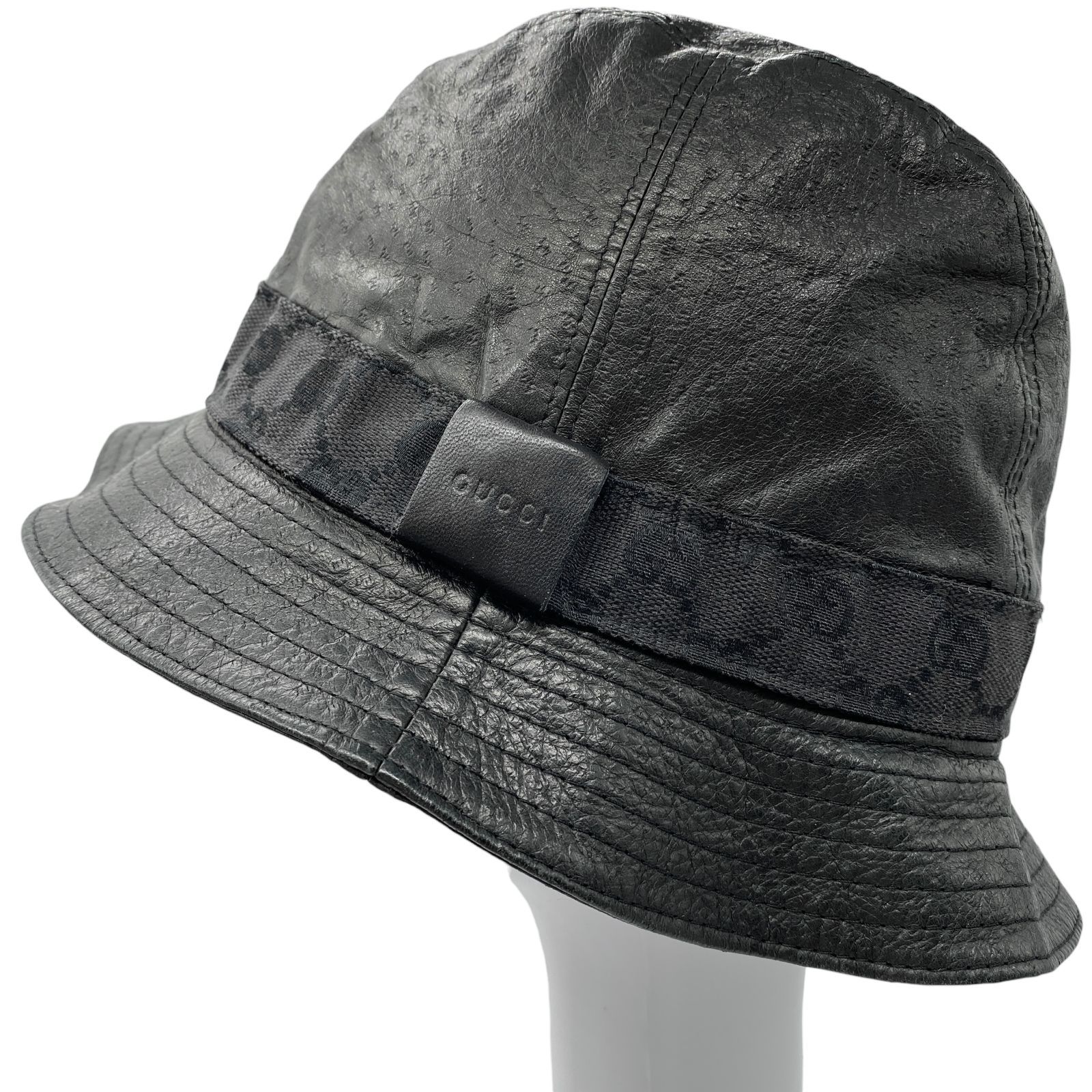 良品 GUCCI グッチ レザーハット GG柄 帽子 ブラック 羊革 Lサイズ