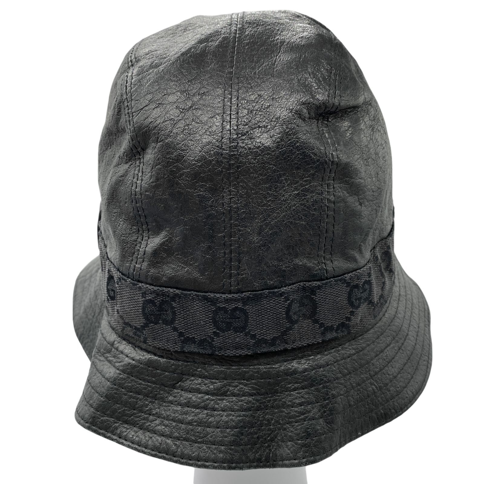 良品 GUCCI グッチ レザーハット GG柄 帽子 ブラック 羊革 Lサイズ