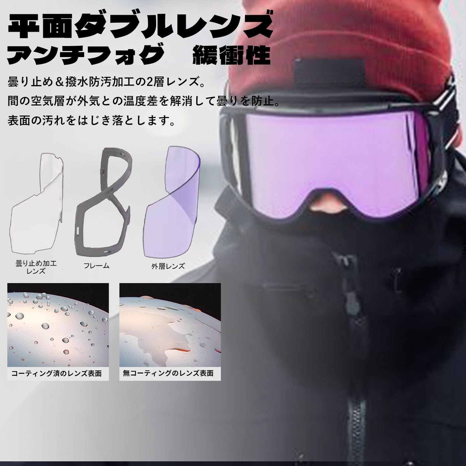 数量限定】[TaoTech] スノーゴーグル 曇り止め 平面 ダブルレンズ OTG