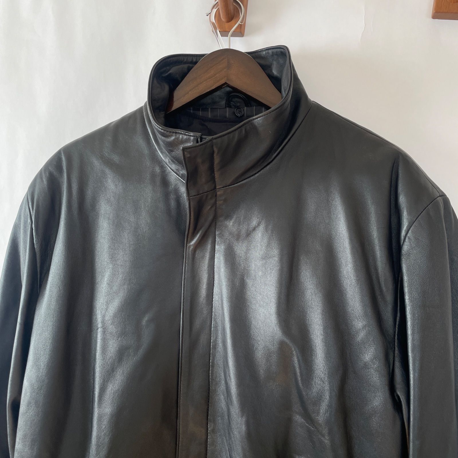 メンズ レザー スタンド ステン ロングコート L ブラック ライナー付