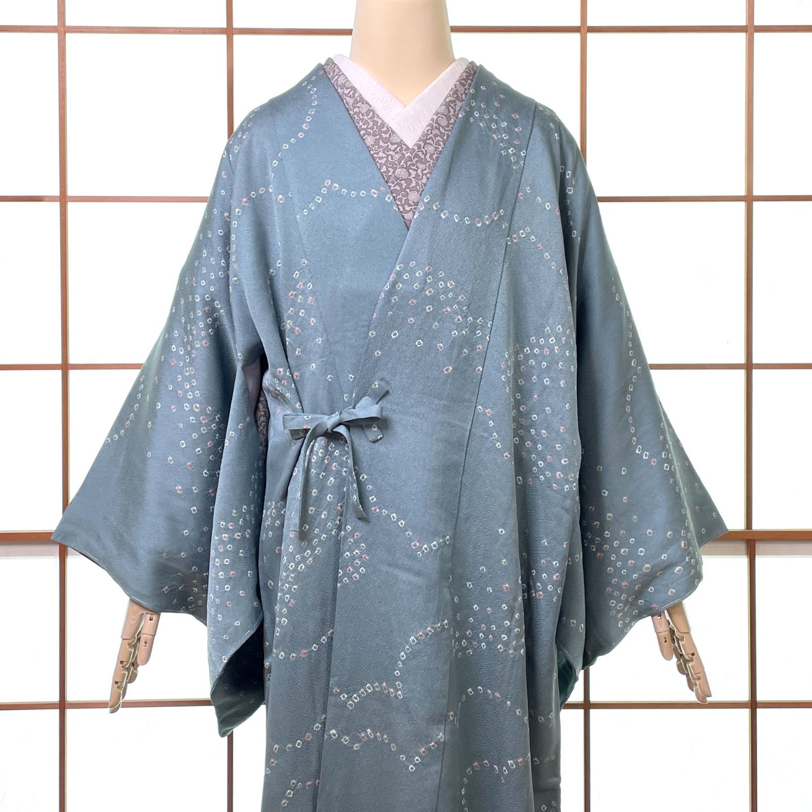 和装コート 道中着 ロング丈 正絹 絞り 雲紋 濃いブルーグレー スコッチガード加工 着物 kimonolove 仕付け糸付き 手入れ済み リユース品 オゾン消臭サービス A-2590
