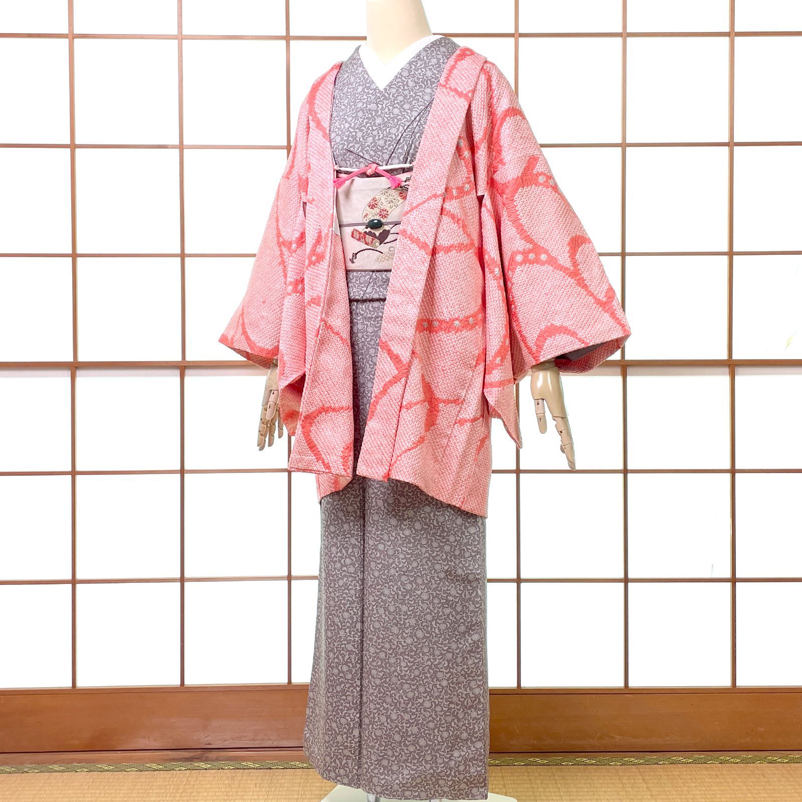 羽織 総絞り 正絹 流水柄 コーラルピンク 羽織紐付き 着物 kimonolove オゾン消臭サービス A-2591