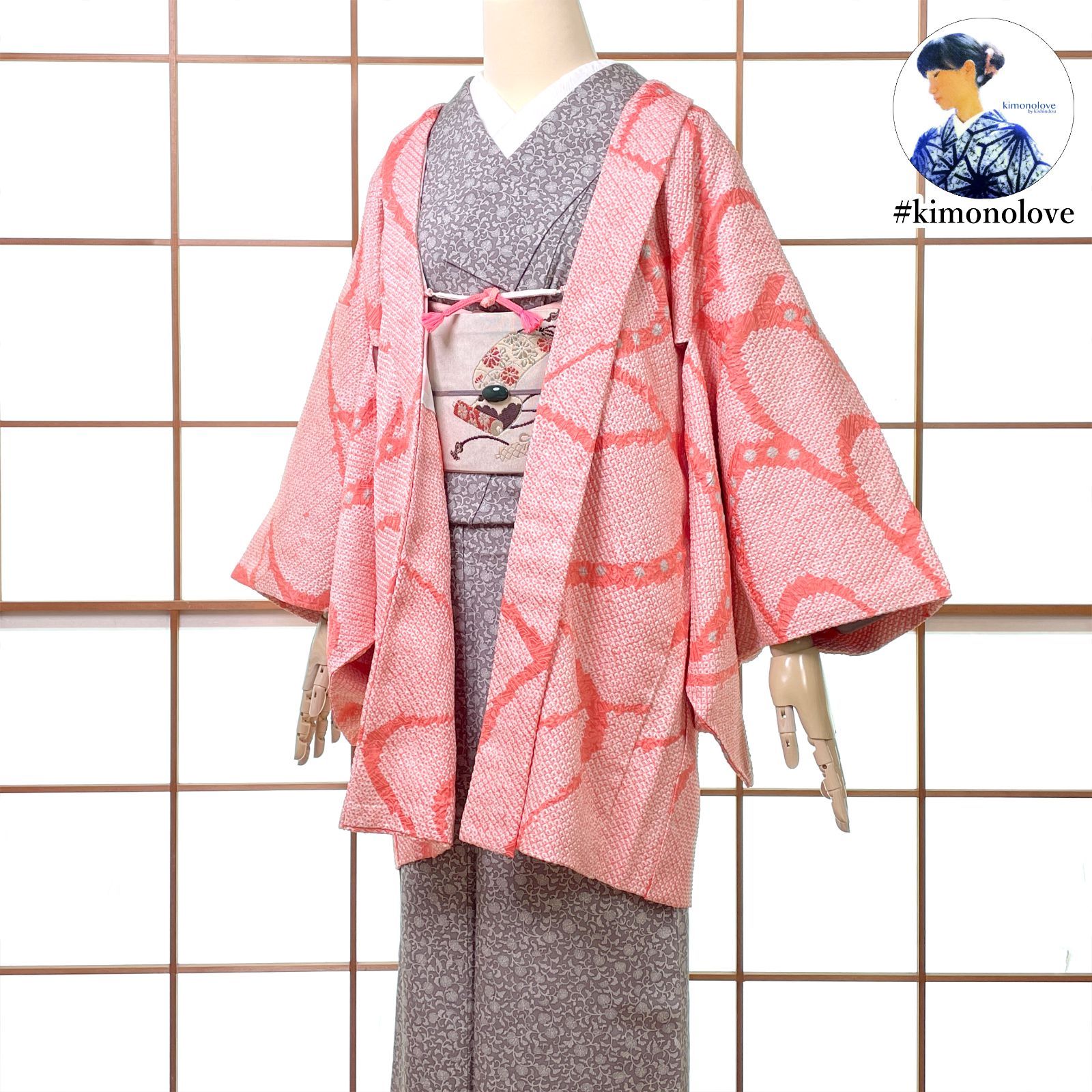 羽織 総絞り 正絹 流水柄 コーラルピンク 羽織紐付き 着物 kimonolove オゾン消臭サービス A-2591