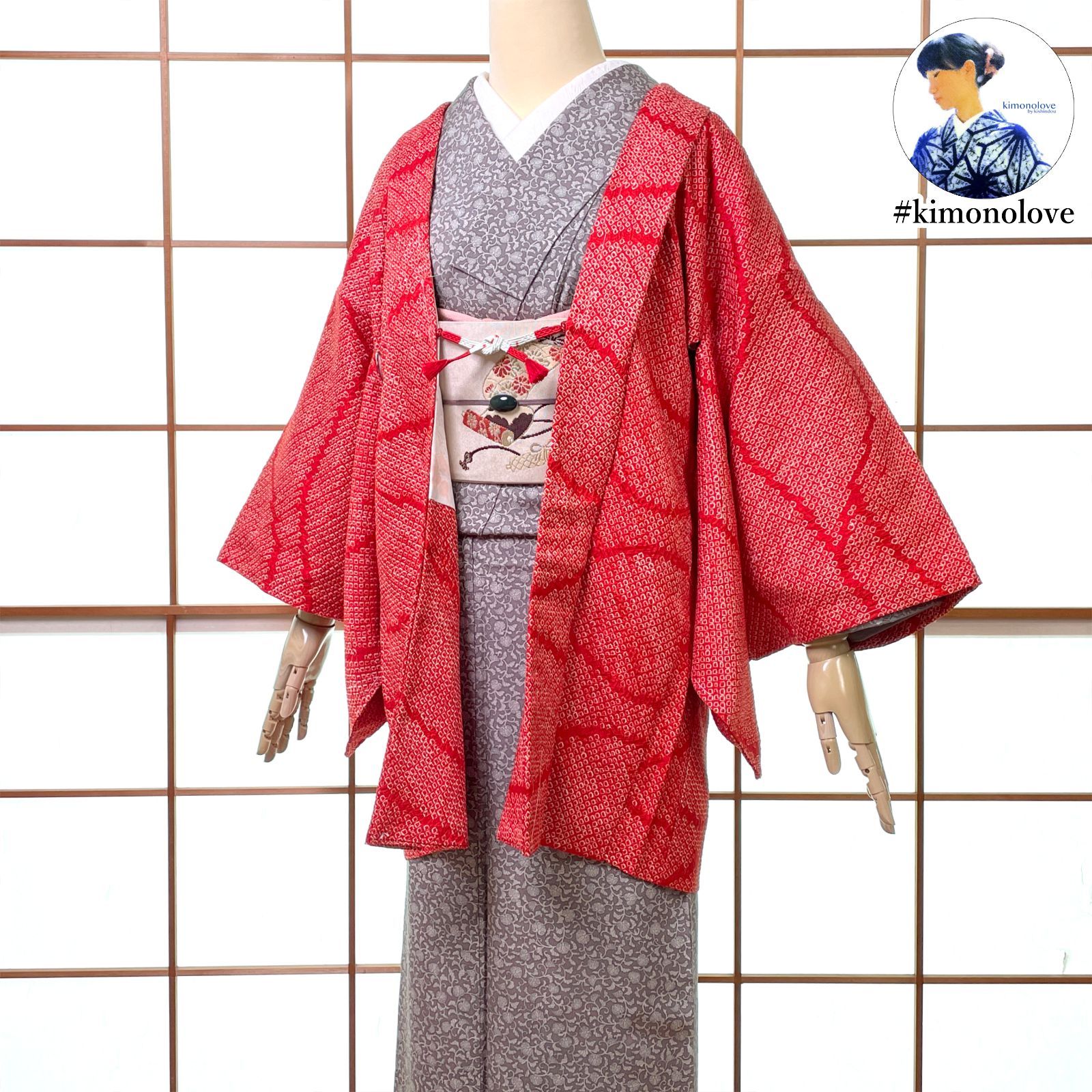 羽織 総絞り 正絹 よろけ縞 朱赤 羽織紐付き 着物 kimonolove オゾン消臭サービス A-2592