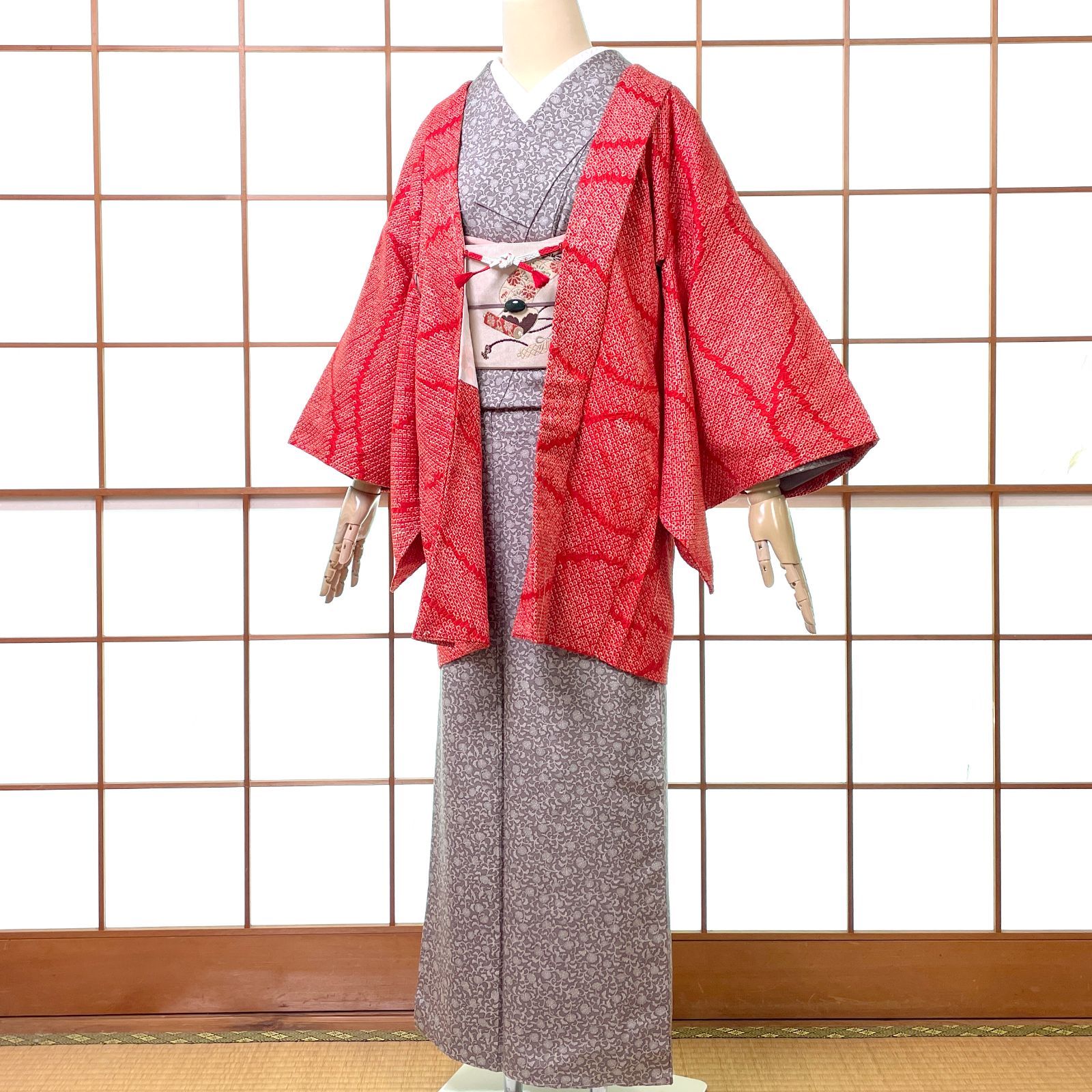 羽織 総絞り 正絹 よろけ縞 朱赤 羽織紐付き 着物 kimonolove オゾン消臭サービス A-2592