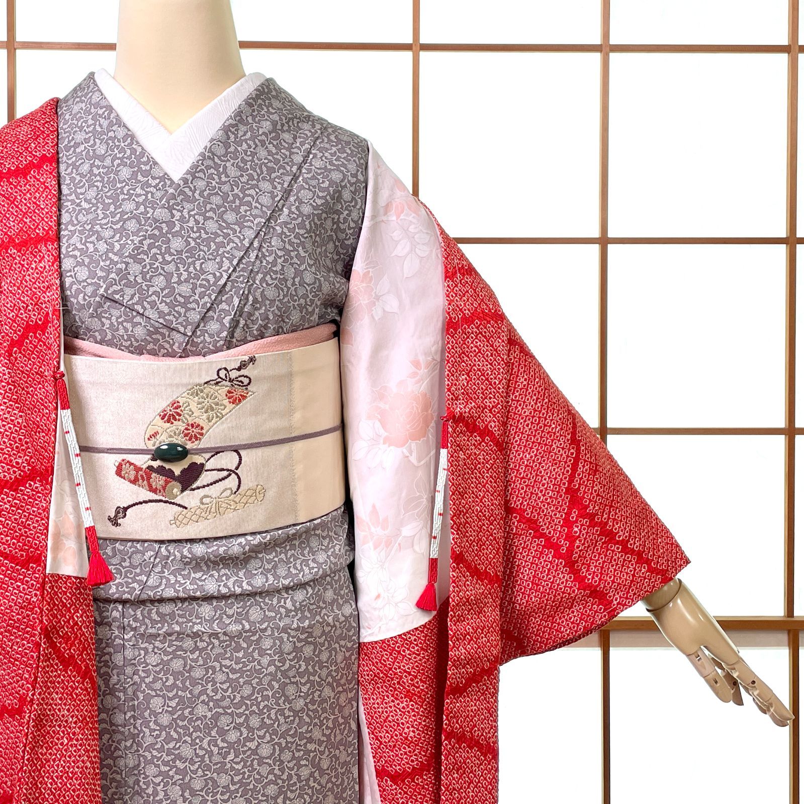  羽織 総絞り 正絹 よろけ縞 朱赤 羽織紐付き 着物 kimonolove オゾン消臭サービス A-2592 羽織 着物 浴衣