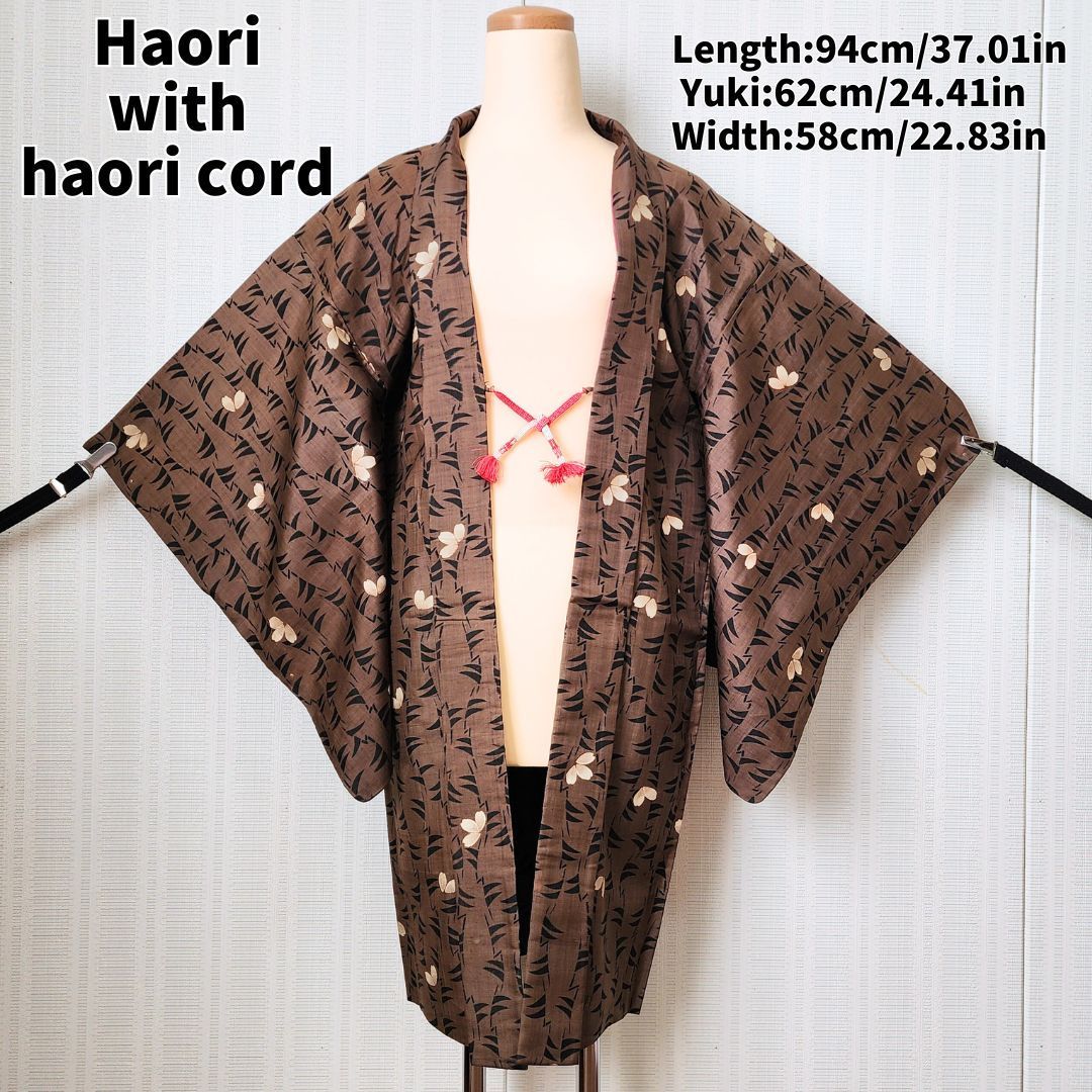 羽織 身丈94cm 長羽織 シック 焦げ茶×白花模様 ロング羽織 羽織紐付き