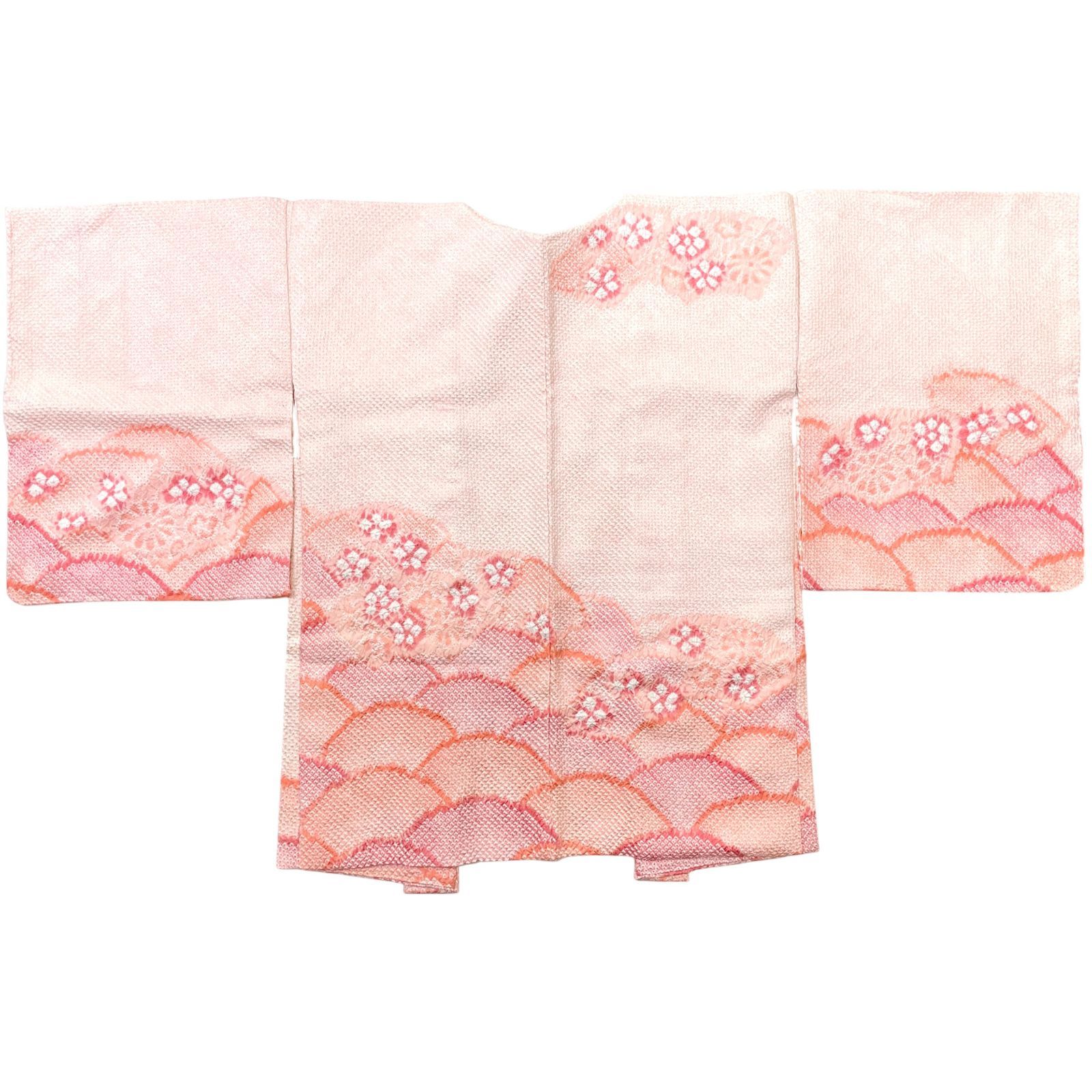 羽織 総絞り 絵羽織 正絹 扇青海波 梅菊 花柄 ペールピンク 羽織紐付き 着物 kimonolove オゾン消臭サービス A-2593