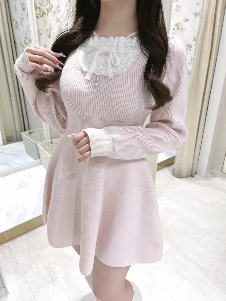 販売 エブリン リー リボン ラメ ニット ONE PIECE ピンク 日本ブランド 量産型 地雷系 スナ系