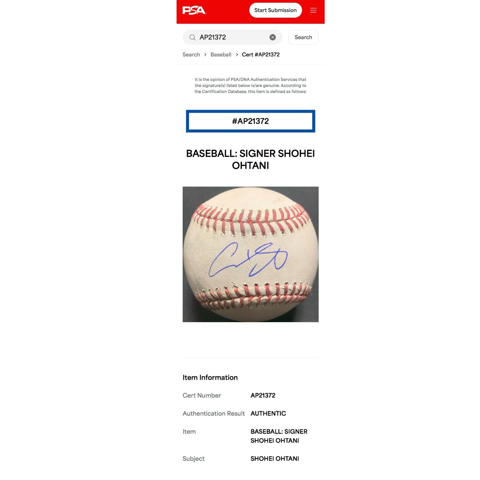 大谷翔平 直筆サイン ボール PSA DNA ホログラム 2024年 実使用球