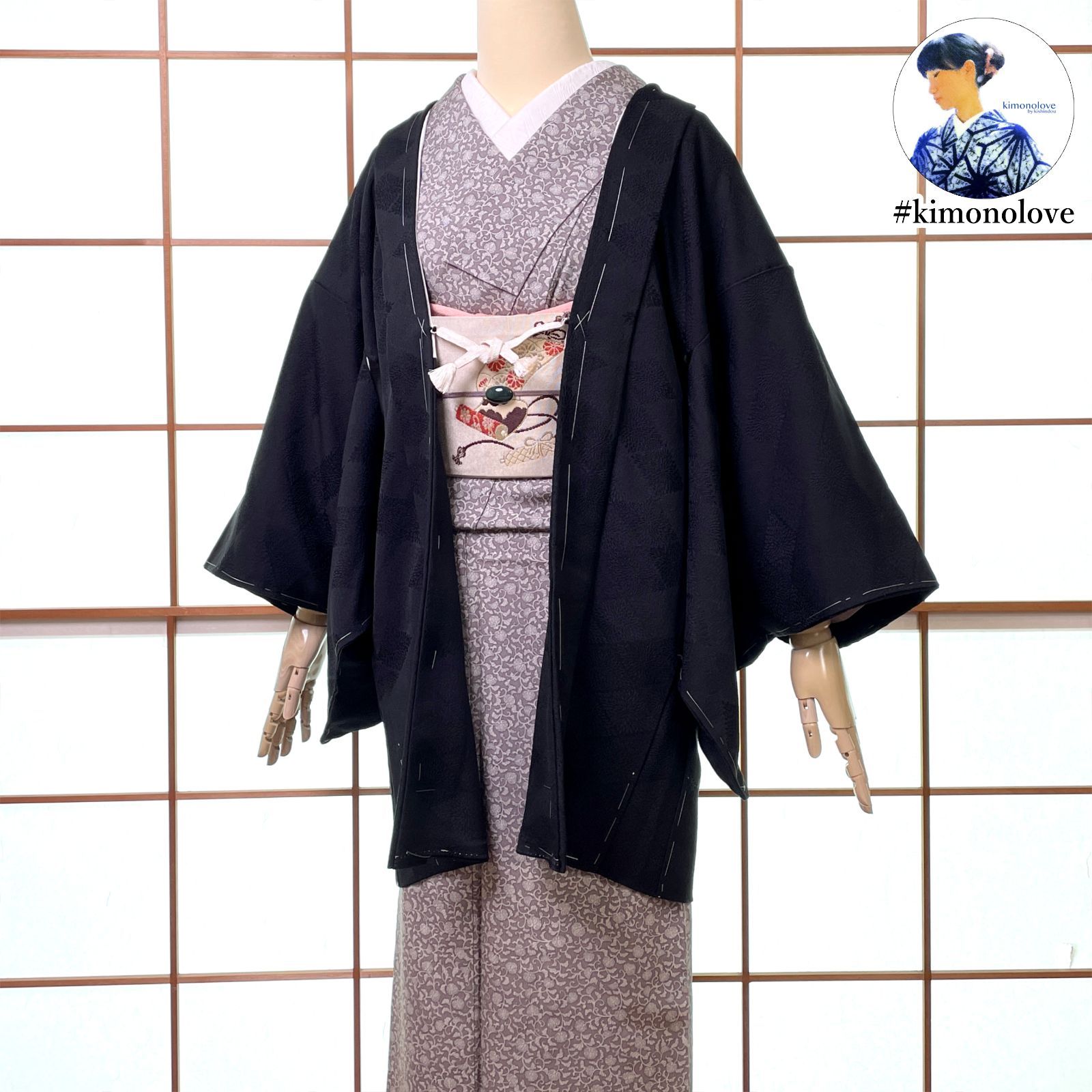 羽織 一つ紋 正絹 むじな菊菱 ブラック 着物 kimonolove オゾン消臭サービス A-2595