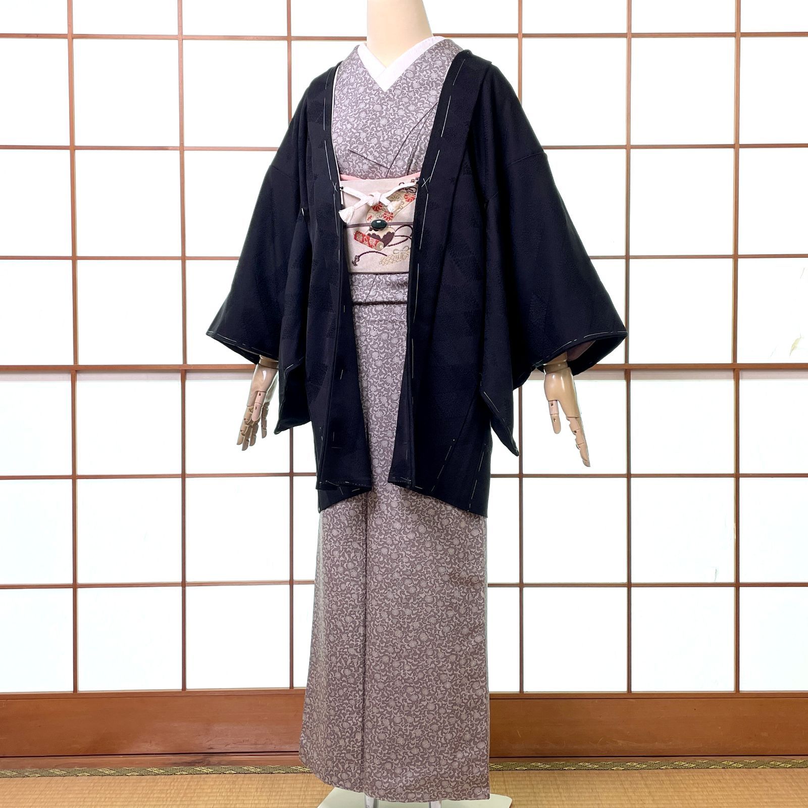 羽織 一つ紋 正絹 むじな菊菱 ブラック 着物 kimonolove オゾン消臭サービス A-2595