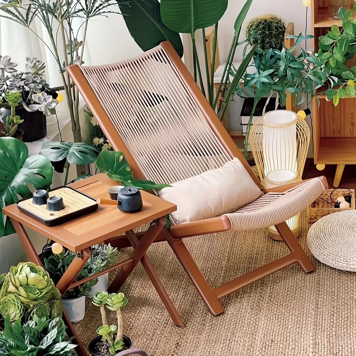リラックス空間】ラタン ラウンジチェア 折りたたみ式 天然素材 手編み