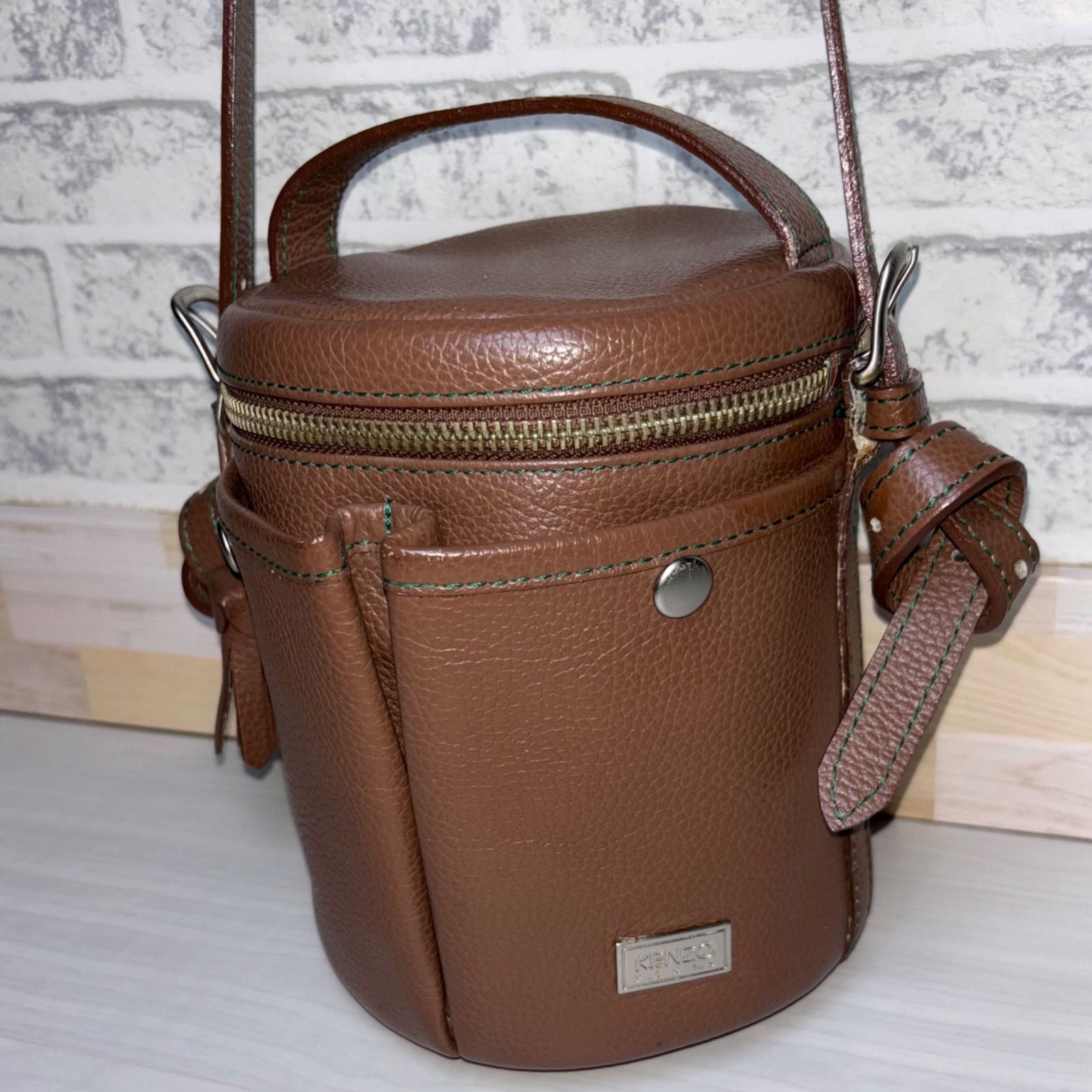 KENZO ケンゾー ダブルポケット バケツ型 筒型 ミニショルダー シボ革