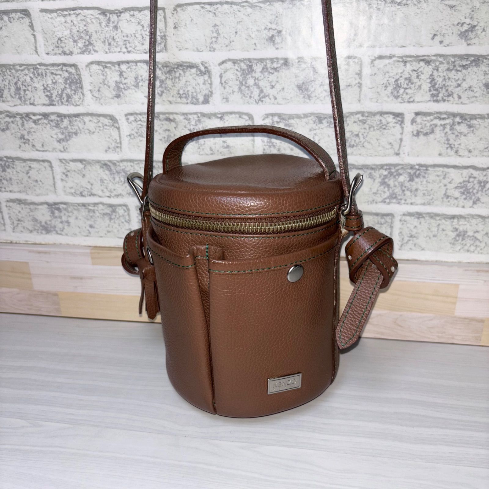 KENZO ケンゾー ダブルポケット バケツ型 筒型 ミニショルダー シボ革