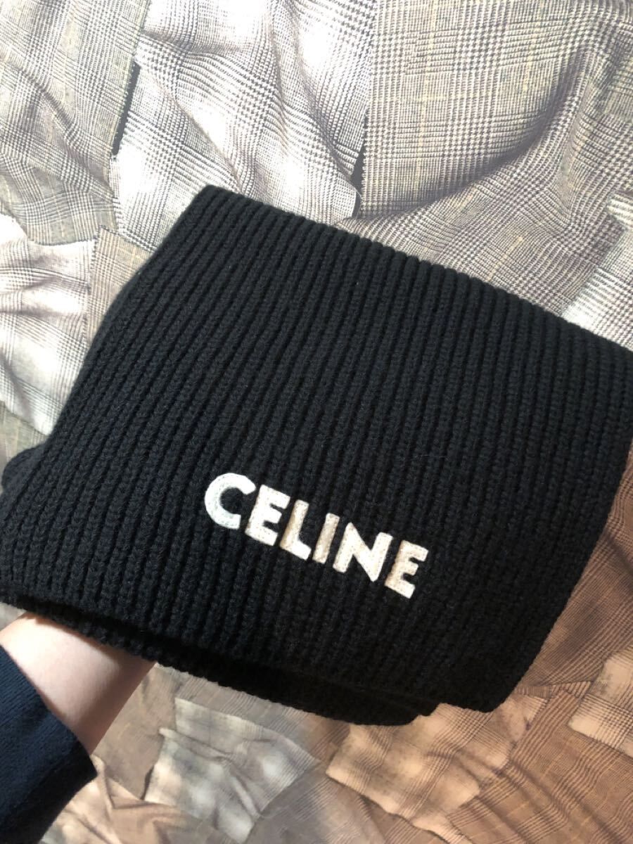 CELINE セリーヌ ロゴ ニットマフラー ウール リブ ストール フェルトロゴパッチ ブラック FK