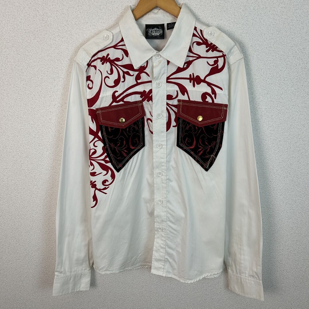 00s Clench クレンチ 長袖シャツ デザインシャツ 総柄 ホワイト Lサイズ メンズ 古着 ストリート Y2K