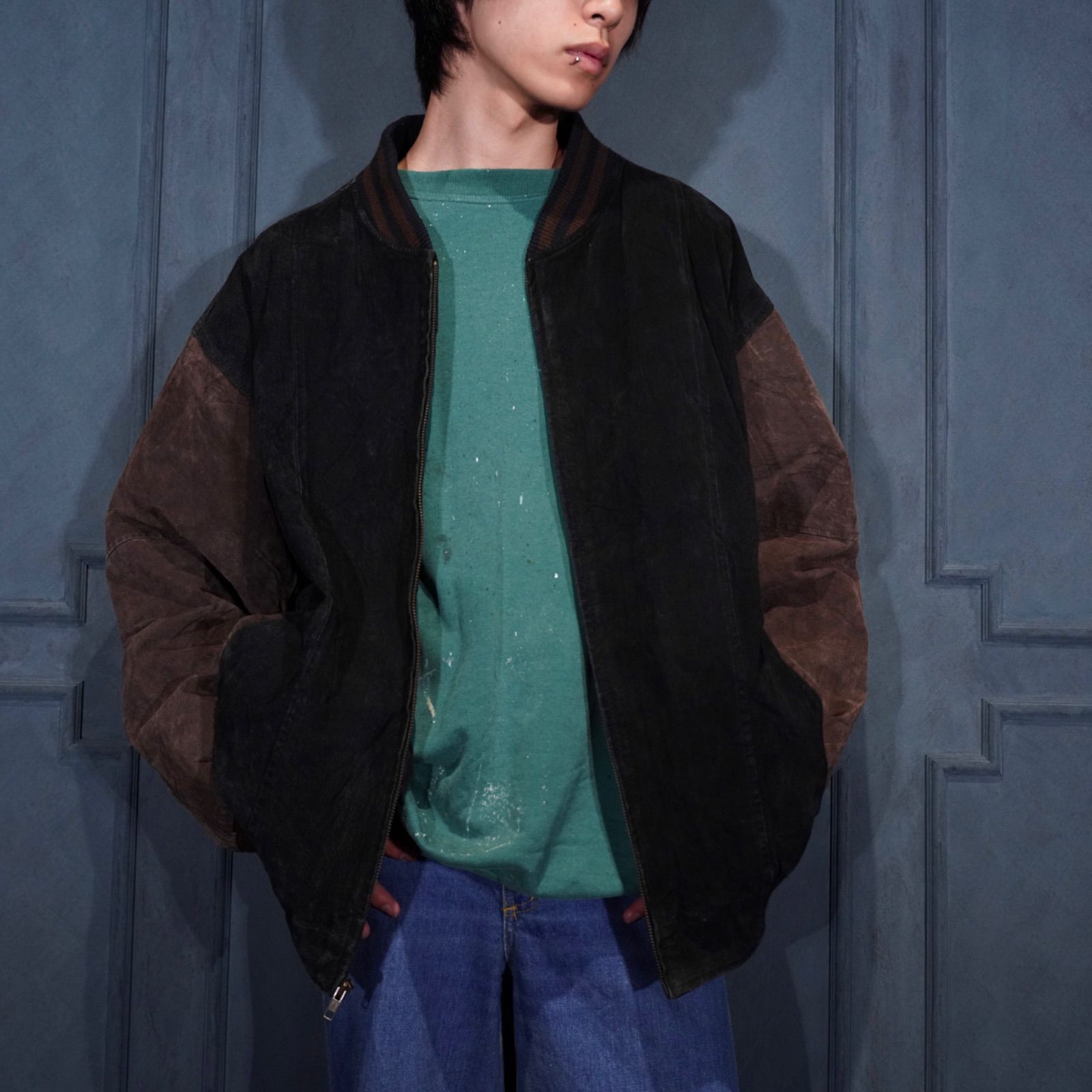 USA VINTAGE 2 TONE DESIGN LEATHER ZIP UP BLOUSON アメリカ古着2トーンデザインレザージップアップブルゾン