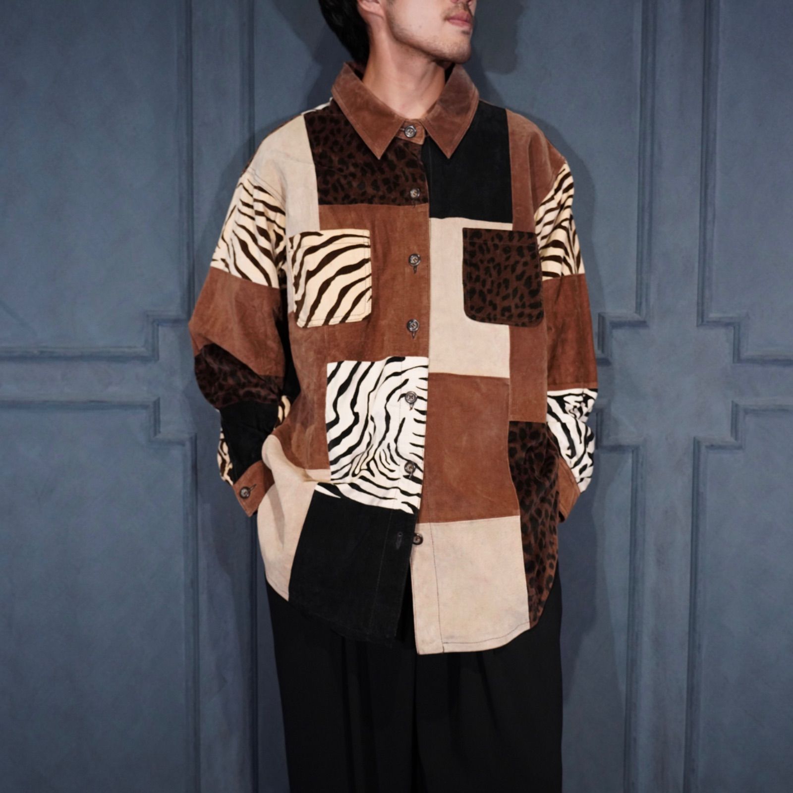 USA VINTAGE BRANDON THOMAS ANIMAL PATTERNED PATCHWORK DESIGN LEATHER JACKET アメリカ古着アニマル柄パッチワークデザインレザージャケット