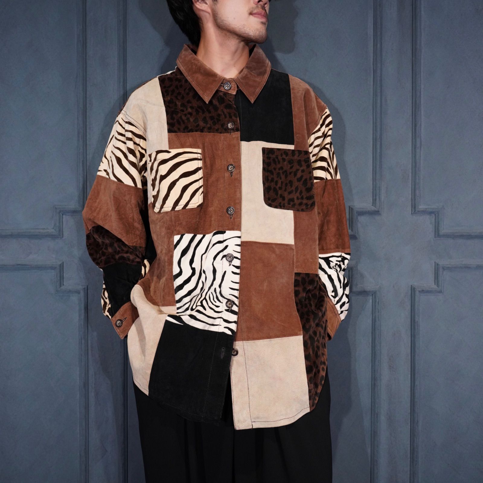 USA VINTAGE BRANDON THOMAS ANIMAL PATTERNED PATCHWORK DESIGN LEATHER JACKET アメリカ古着アニマル柄パッチワークデザインレザージャケット