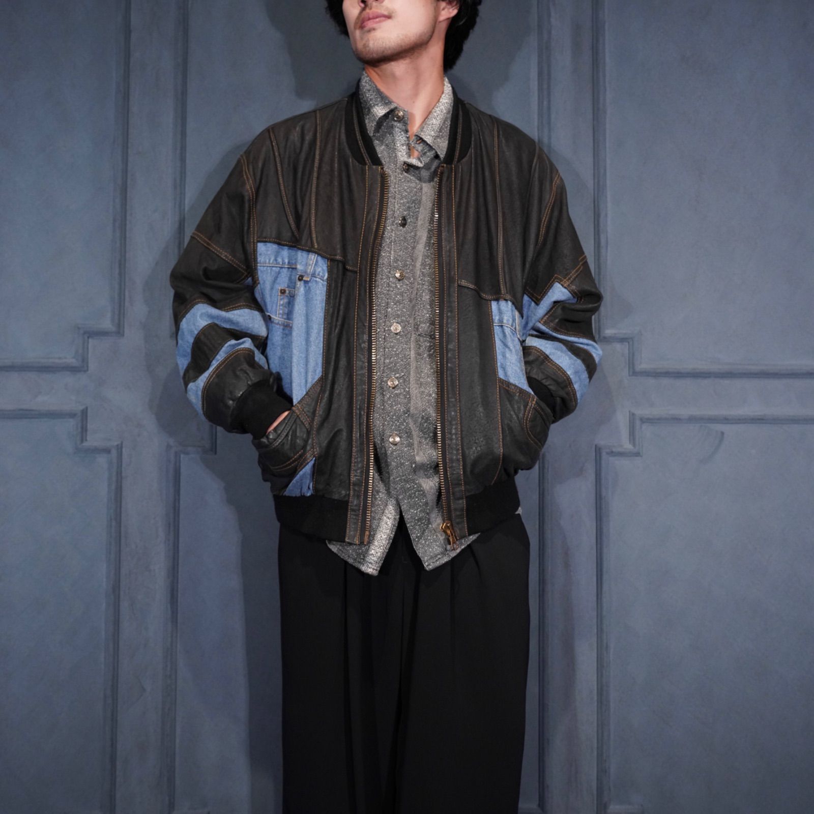 EU VINTAGE DENIM REMAKE DESIGN LEATHER ZIP UP BLOUSON ヨーロッパ古着デニムリメイクデザインレザージップアップブルゾン