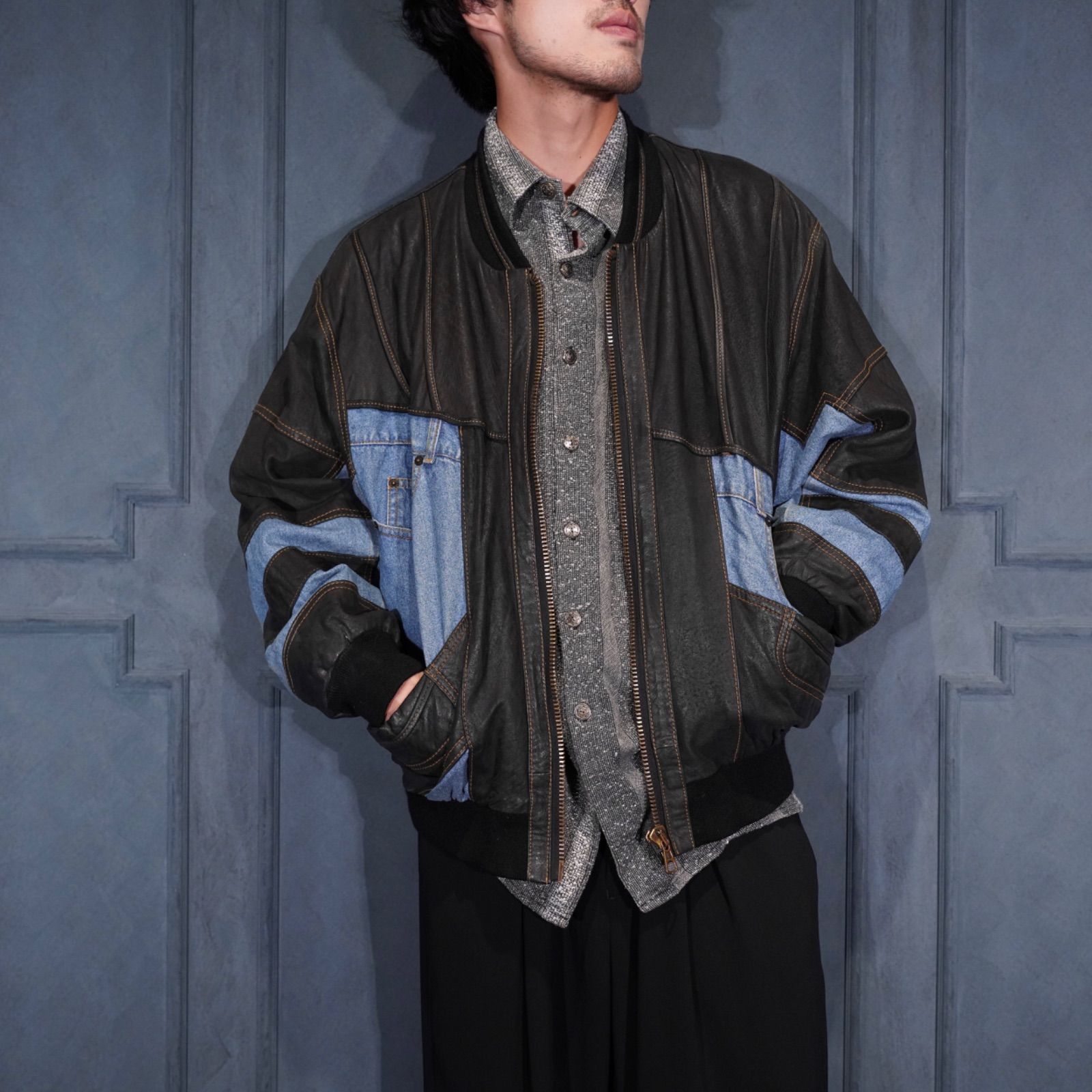 EU VINTAGE DENIM REMAKE DESIGN LEATHER ZIP UP BLOUSON ヨーロッパ古着デニムリメイクデザインレザージップアップブルゾン