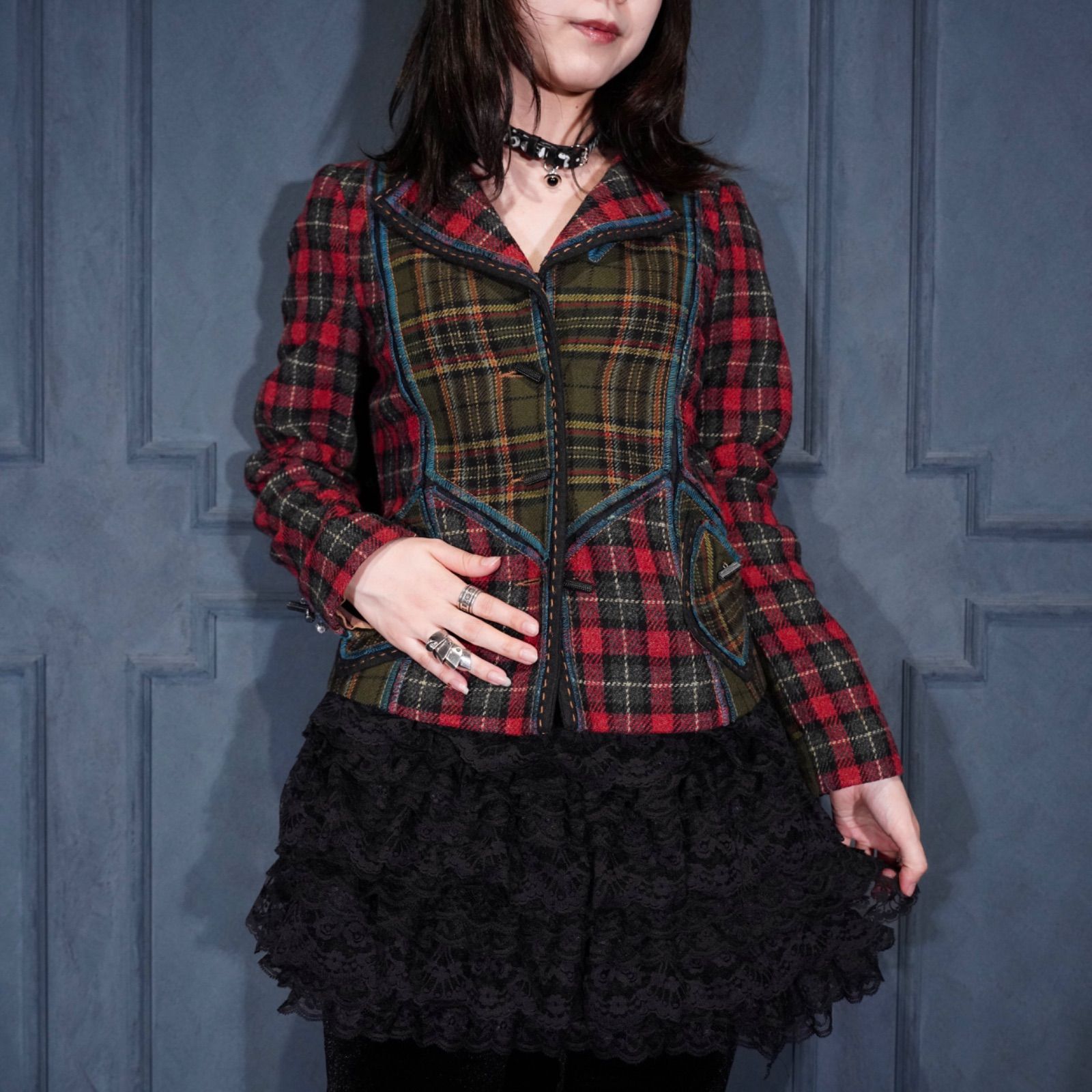 EU VINTAGE MY MERRY HAT CHECK PATTERNED PATCHWORK DESIGN WOOL TAILORED JACKET ヨーロッパ古着チェック柄パッチワークデザインウールテーラードジャケット