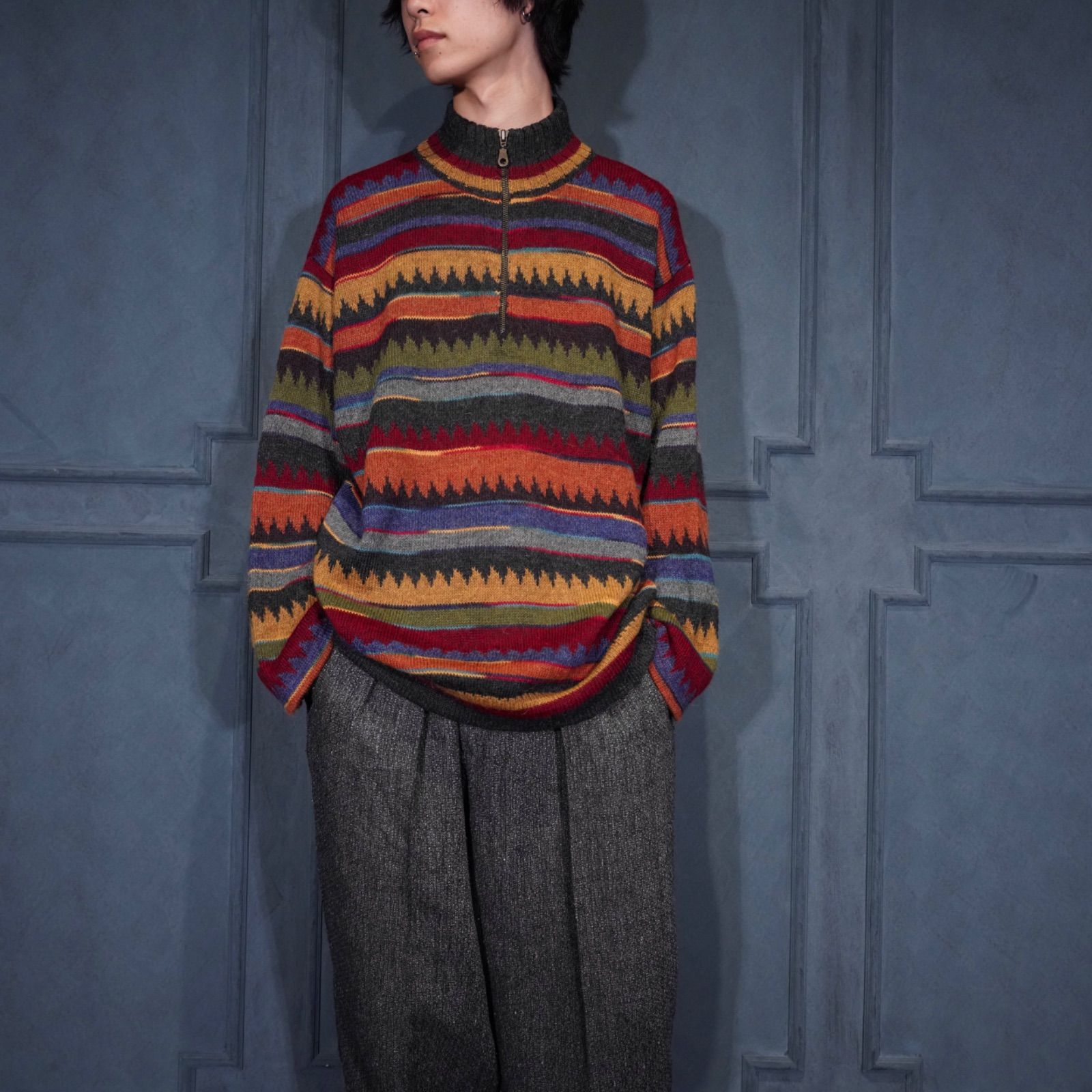 EU VINTAGE WALIKI MULTI COLOR HALF ZIP ALPACA KNIT/ヨーロッパ古着マルチカラーハーフジップアルパカニット