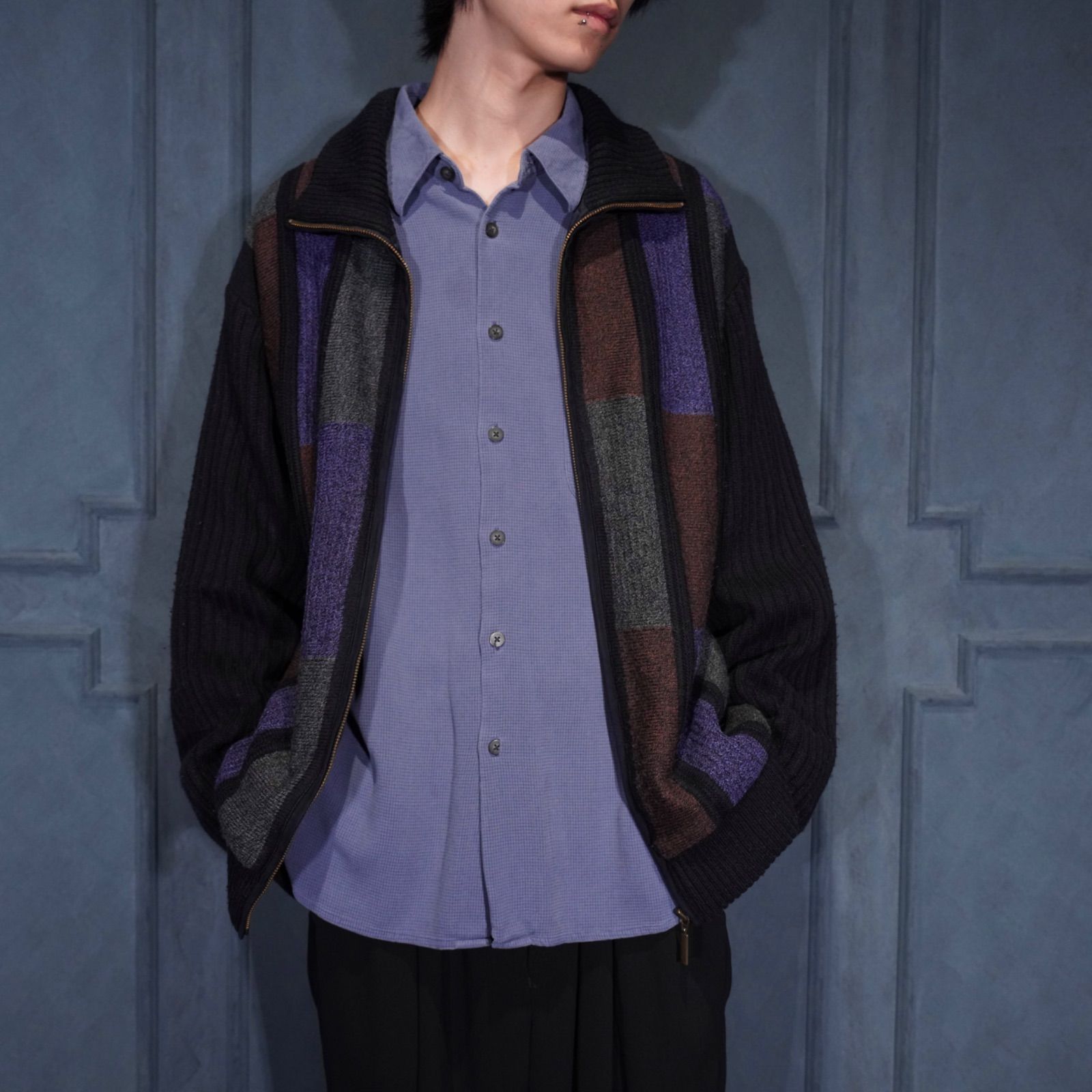 EU VINTAGE canda PATTERNED DESIGN ZIP UP DRIVERS KNIT BLOUSON ヨーロッパ古着柄デザインジップアップドライバーズニットブルゾン