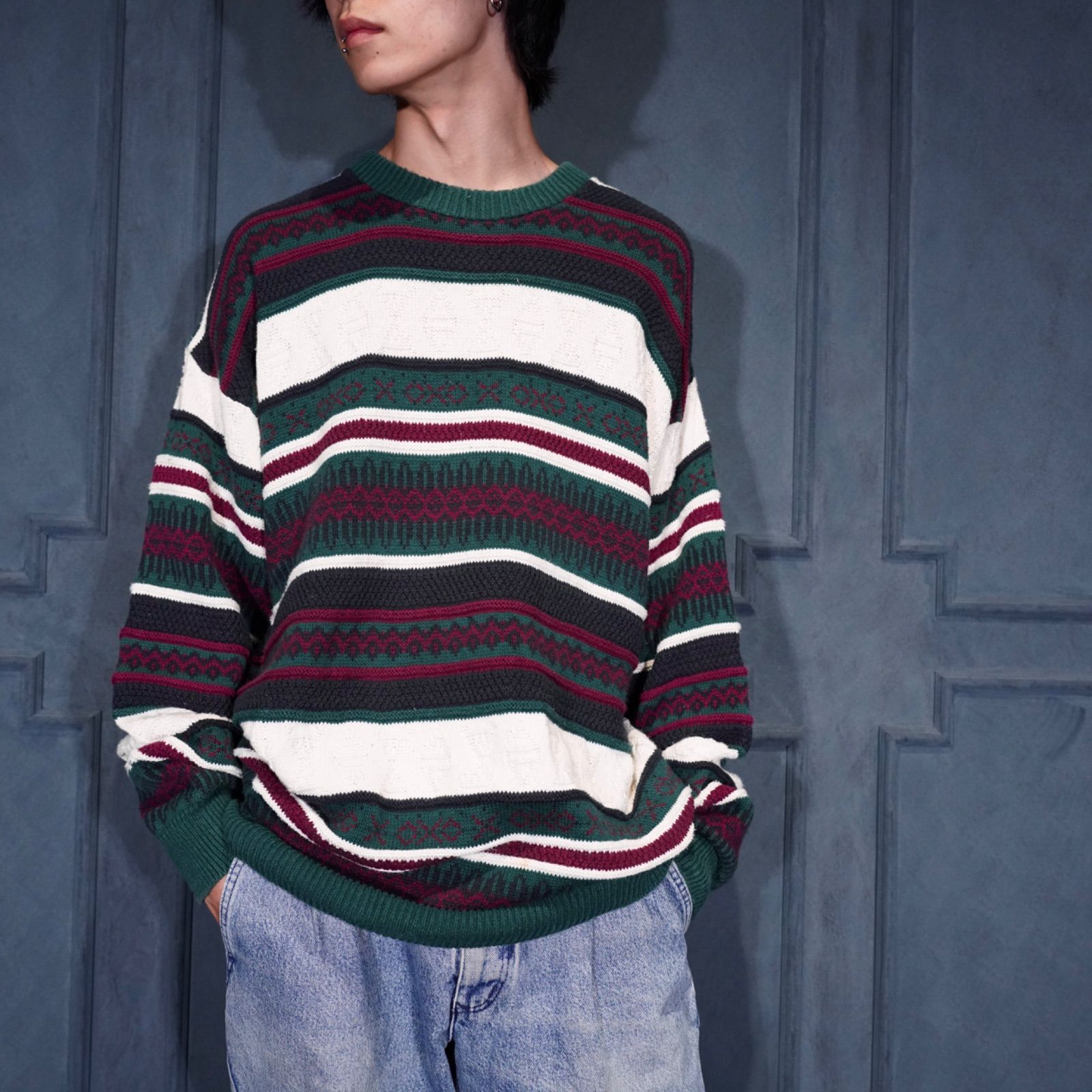 USA VINTAGE Munsingwear Lifestyle MULTI BORDER 3 D DESIGN COTTON KNIT MADE IN アメリカ古着マルチボーダー3 Dデザインニット