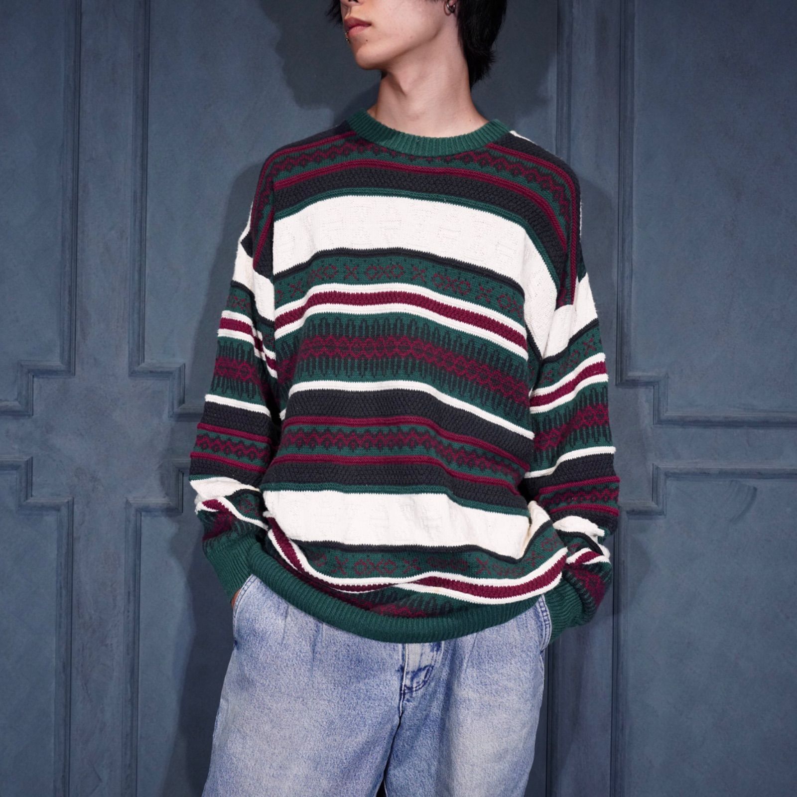 USA VINTAGE Munsingwear Lifestyle MULTI BORDER 3 D DESIGN COTTON KNIT MADE IN アメリカ古着マルチボーダー3 Dデザインニット