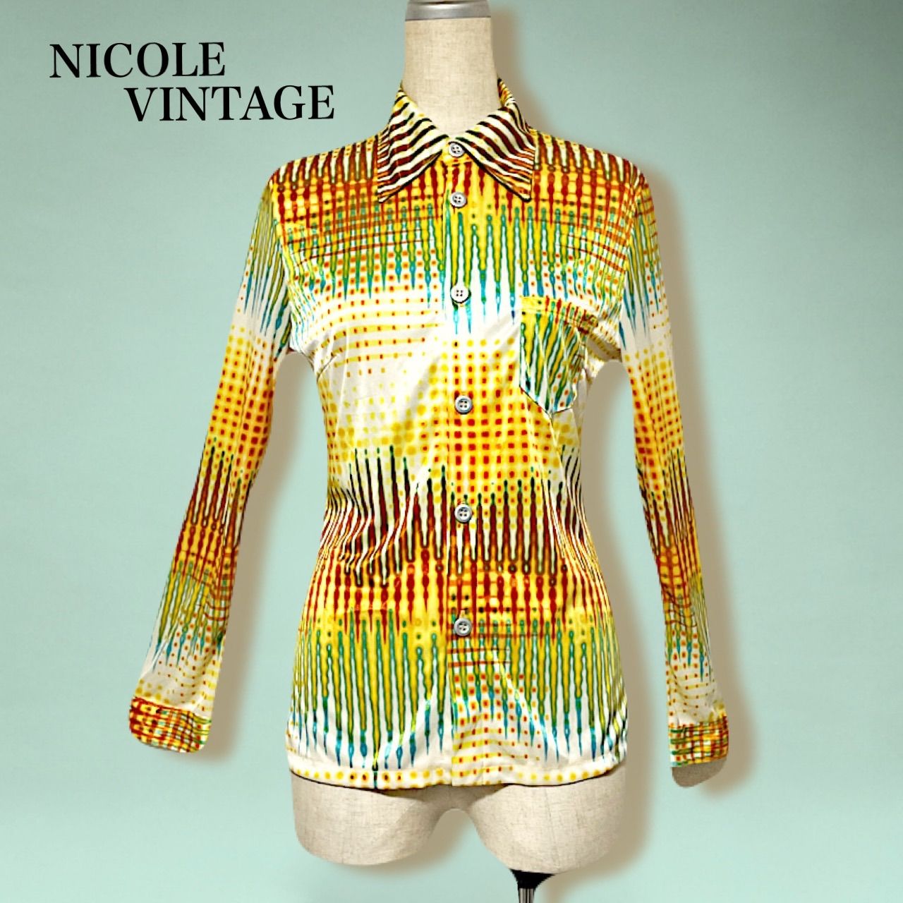 ヴィンテージ80 s NICOLE ストレッチサテン配色.幾何学模様 ジオメトリック 柄 グラデーションシャツ 個性的 大人 カジュアル レトロ