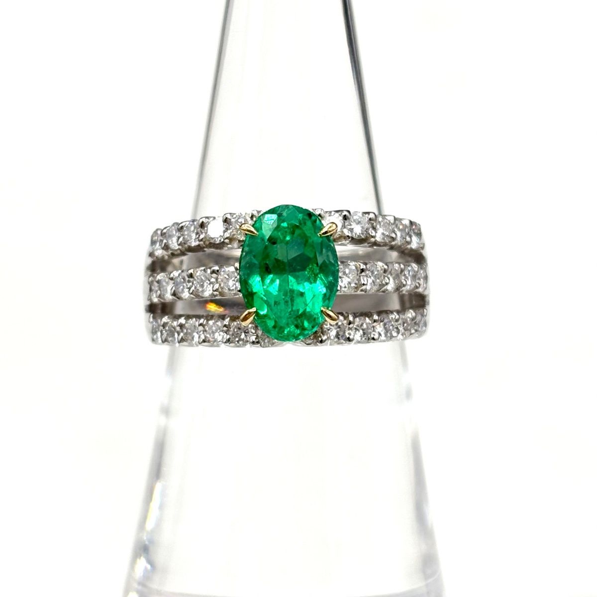 エメラルド デザインリング プラチナ YG イエローゴールド 指輪 メレダイヤ リング 12号 Pt 900 ダイヤモンド レディース