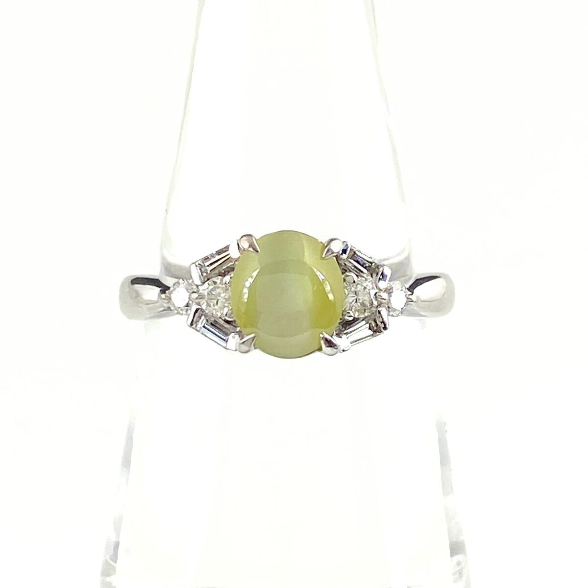 クリソベリルキャッツアイ デザインリング WG ホワイトゴールド 指輪 メレダイヤ リング 14号 K 18 レディース