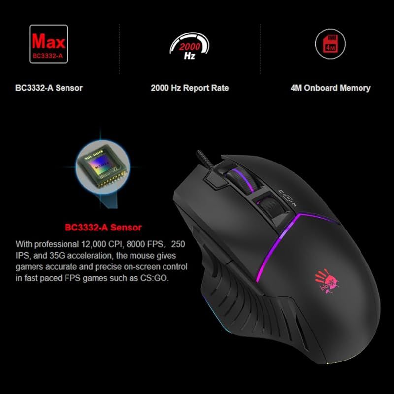 Bloody W 95 BR Max Extra Fire ゲーミングマウス - 12 000 CPI BC 3332-Aセンサー 2000 Hzレポートレート 4 Mオンボードメモリ RGBバックライト 調節 なLOD 精密制御 人間工学に基づいたデザイン 0