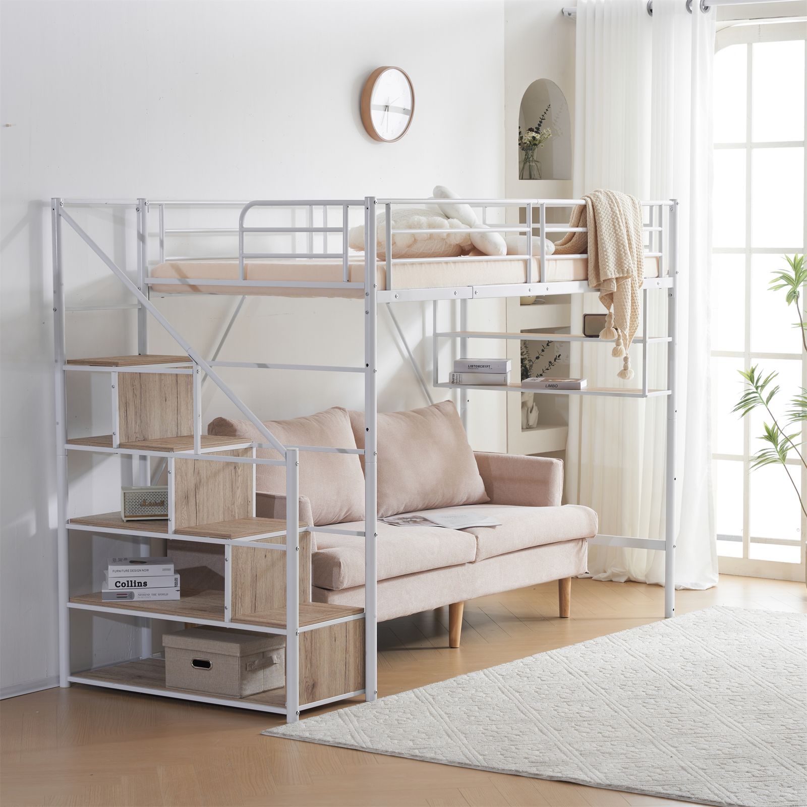 数量限定セール」 新作 ホワイト ロフトベッド 片側手すり付き 収納