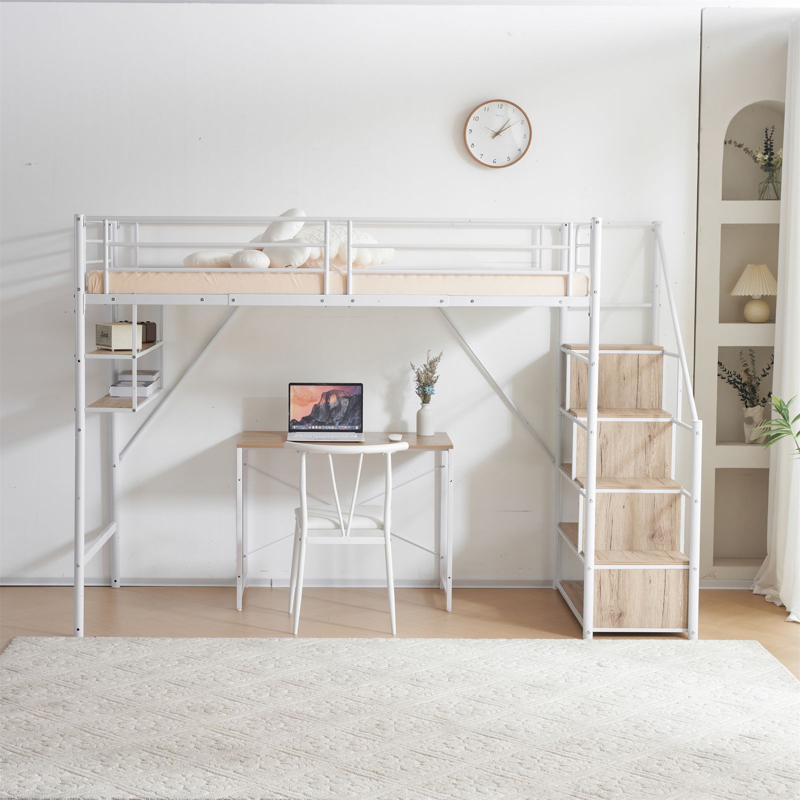 数量限定セール」 新作 ホワイト ロフトベッド 片側手すり付き 収納