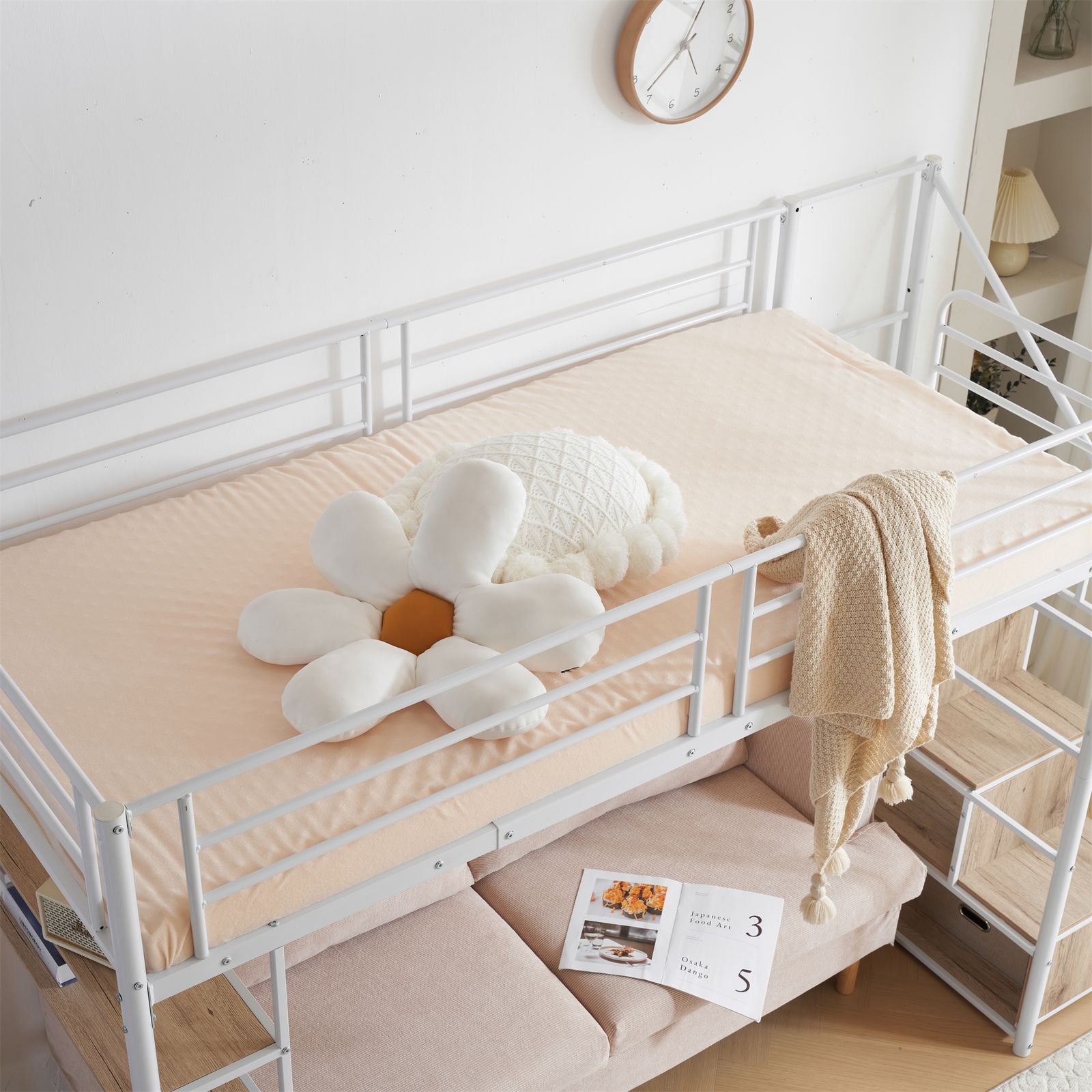 数量限定セール」 新作 ホワイト ロフトベッド 片側手すり付き 収納