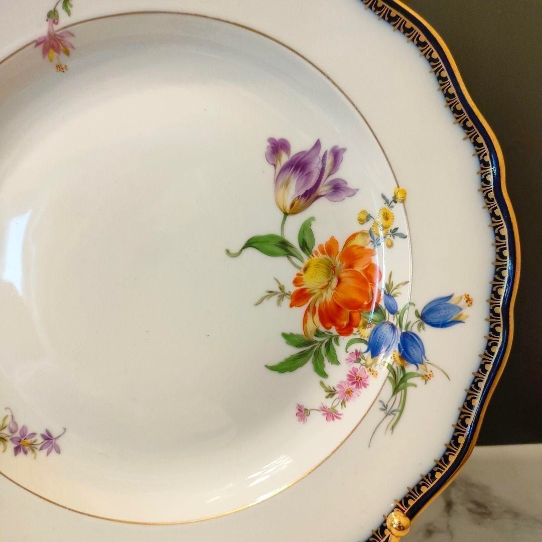 高級 ☆ Meissen マイセン Aカンテ コバルト 金彩フラワーブーケ 大皿