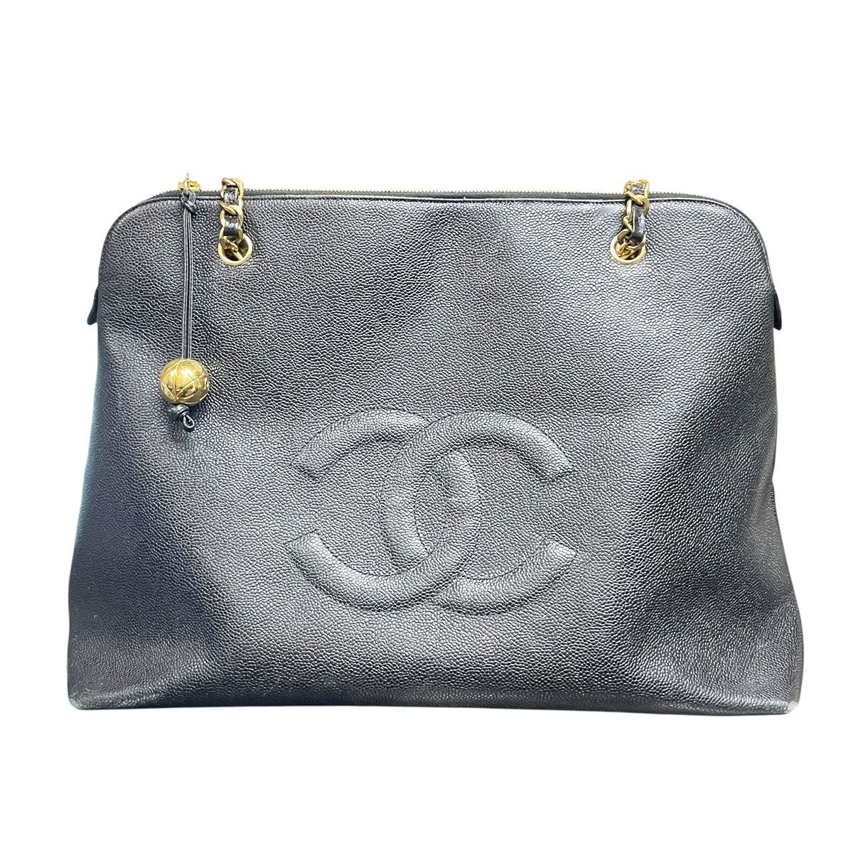 CHANEL シャネル ヴィンテージ デカココ キャビアスキン チェーントートバッグ ココボール ココマーク 黒 ゴールド金具 3番台 MK