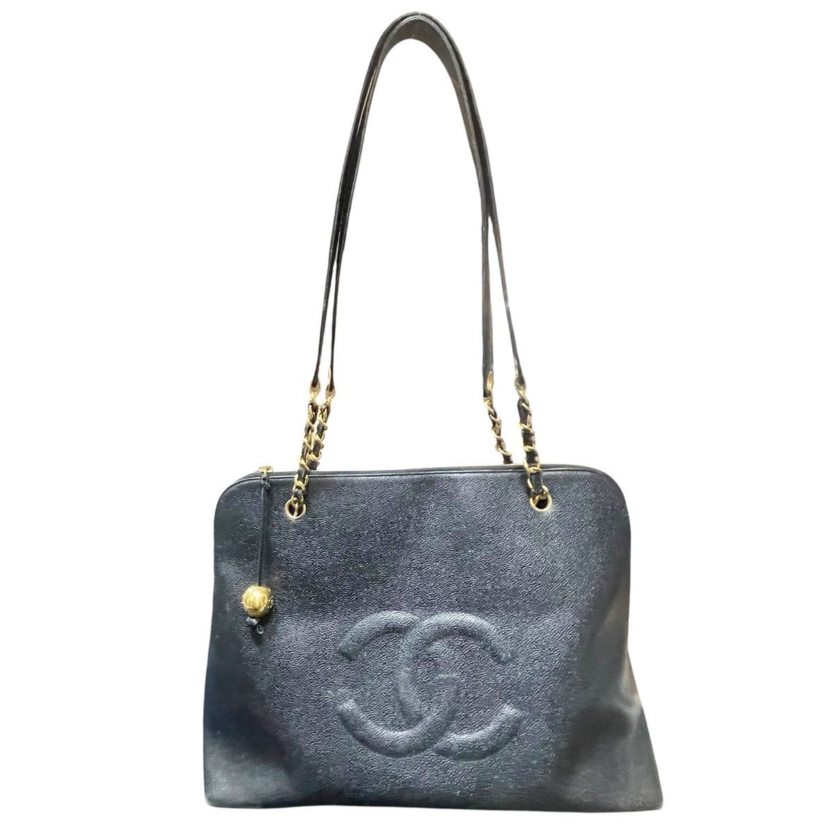 CHANEL シャネル ヴィンテージ デカココ キャビアスキン チェーントートバッグ ココボール ココマーク 黒 ゴールド金具 3番台 MK