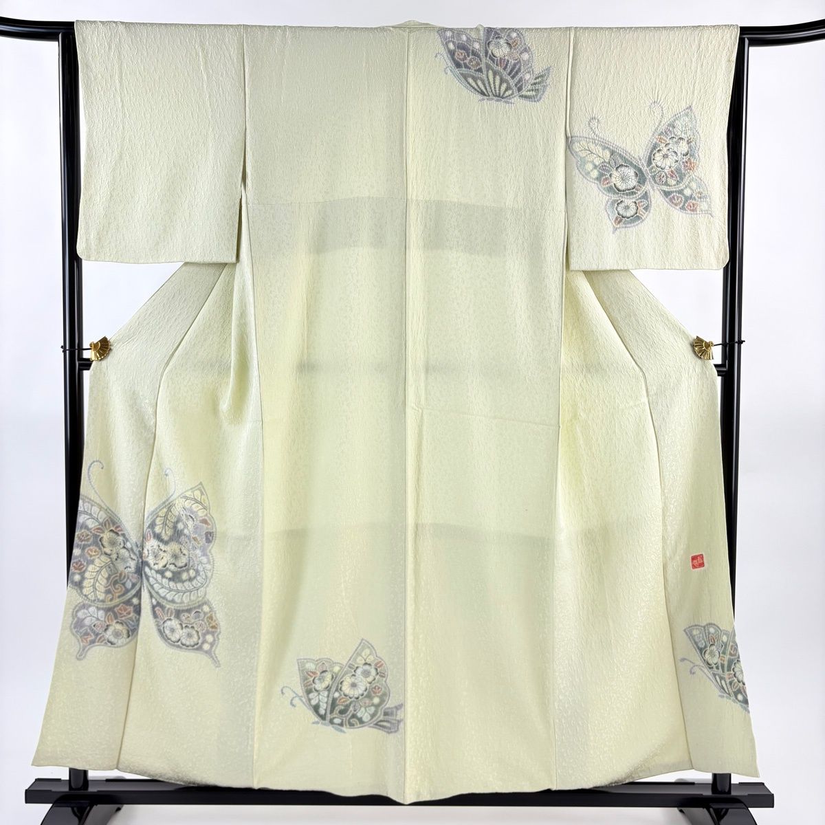 付下げ 身丈157cm 裄丈63.5cm S 袷 樋熊哲也 落款 蝶 辻が花 抹茶色 正絹 名品 【】