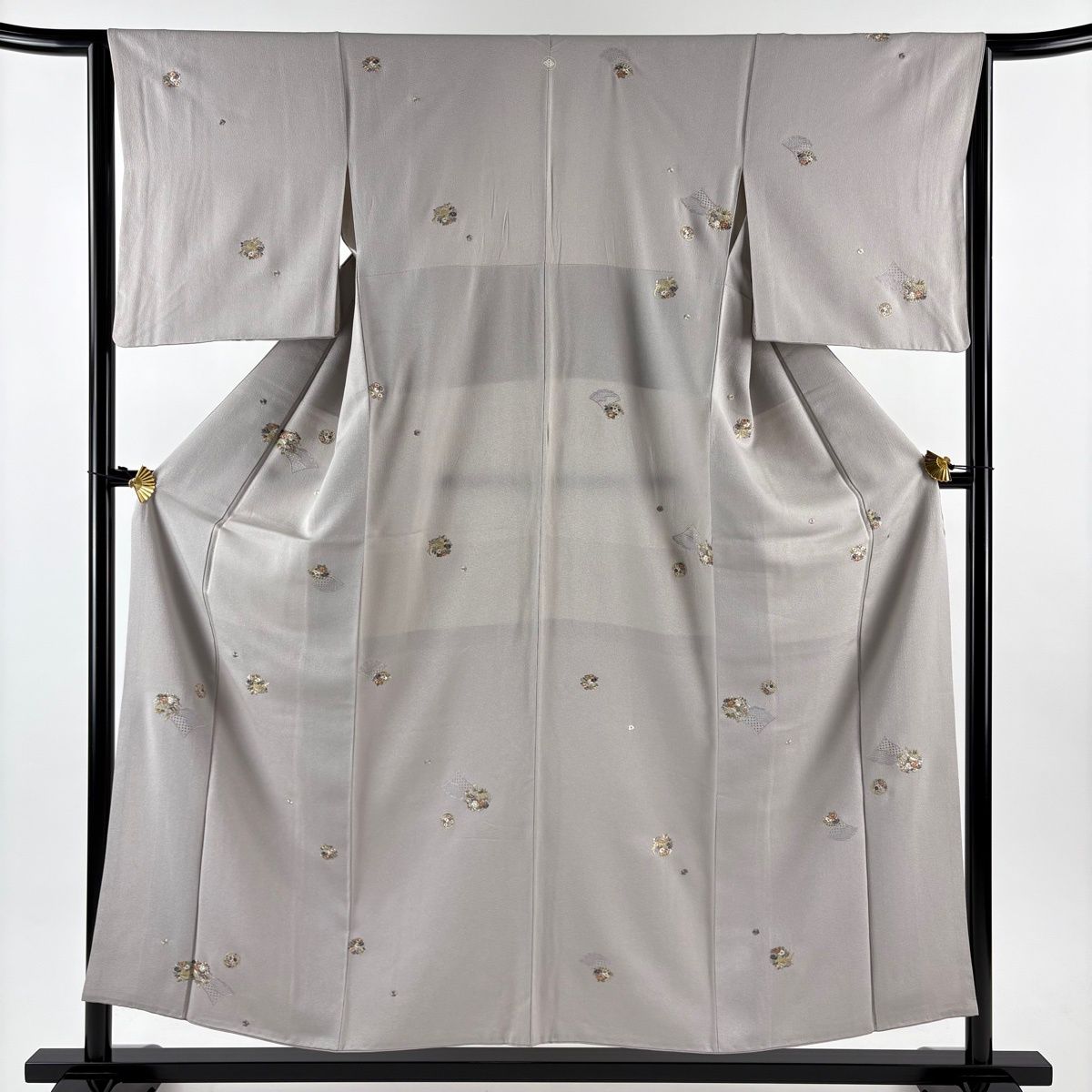 小紋 身丈153 cm 裄丈64 5 M 袷 花車 花丸文 刺繍 金糸 灰紫 正絹 一つ紋